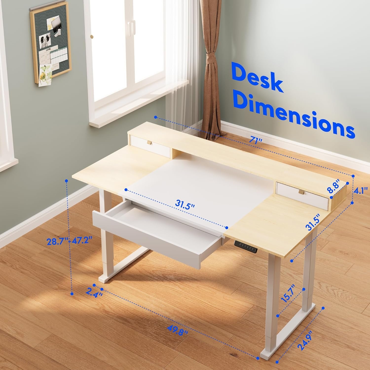image:imageFLEXISPOT 63x32 in 4Leg Standing Desk with Storage Electric Adjustable Height with 3 Drawers amp Shelving Home Office Workstation Black Special Walnut TopWhite Frame White Maple Top With Drawers