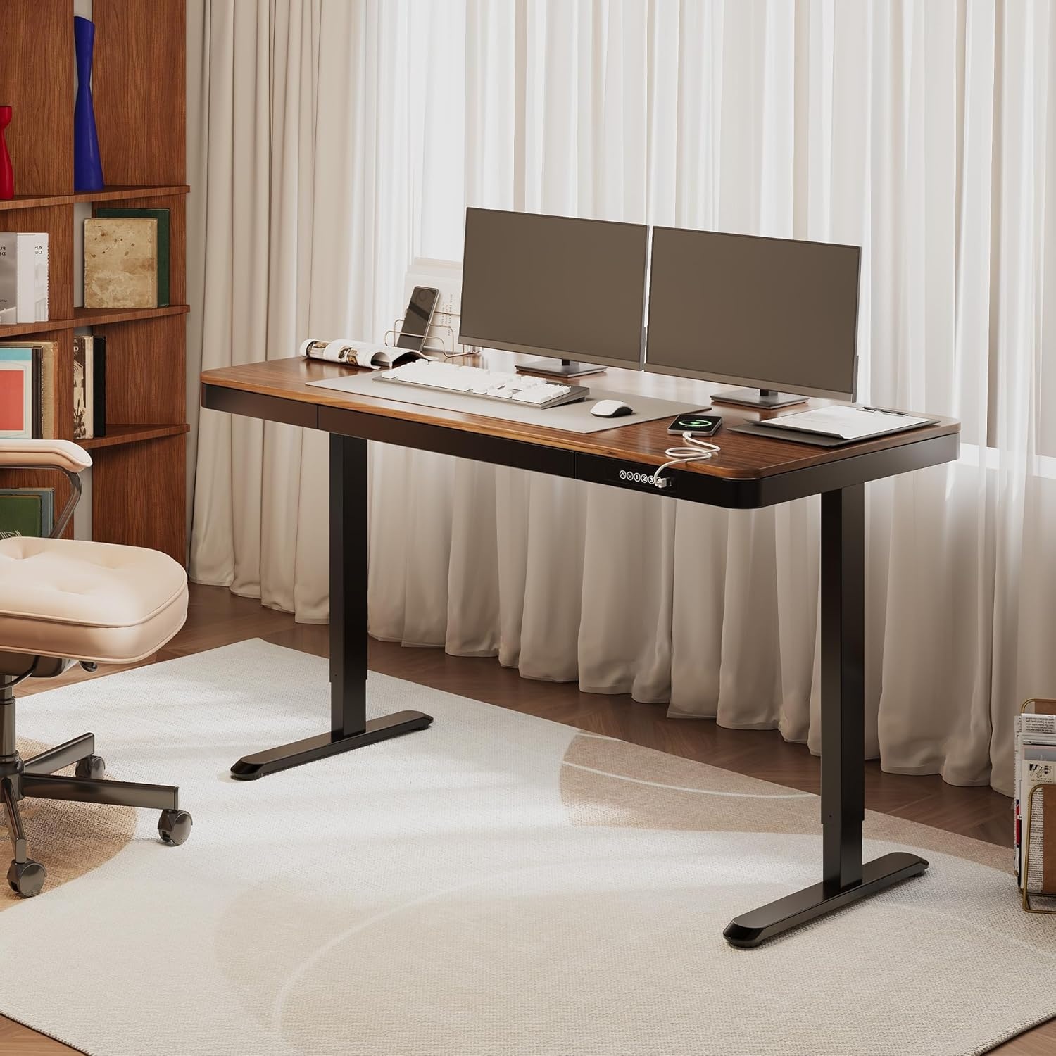 image:imageFLEXISPOT Comhar Electric Pure Glass Standing Desk with Drawer Desktop amp USB Charge Ports 48 Ergonomic Height Adjustable Sit to Stand Desk for Home Office White GlassWood