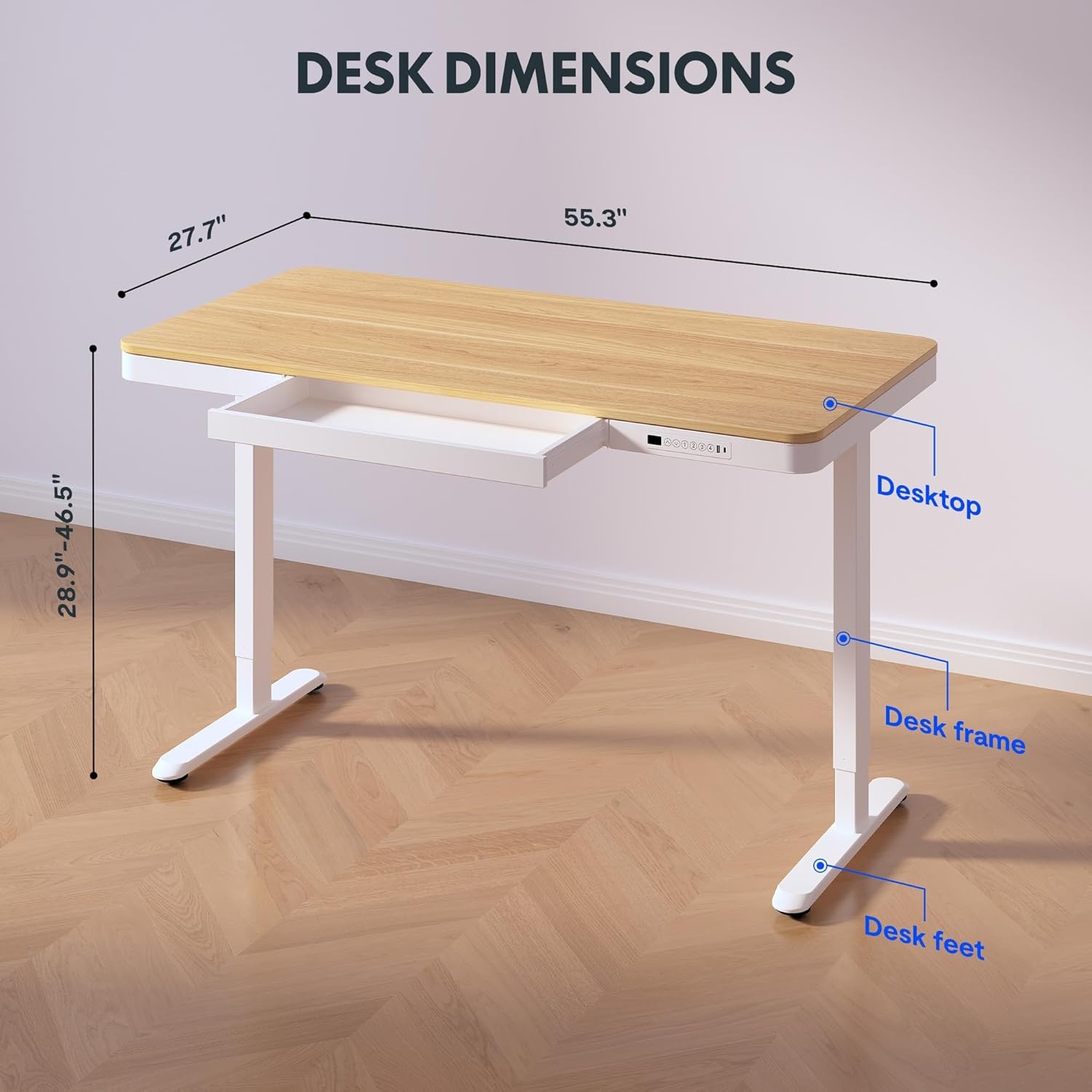 image:imageFLEXISPOT Comhar Electric Pure Glass Standing Desk with Drawer Desktop amp USB Charge Ports 48 Ergonomic Height Adjustable Sit to Stand Desk for Home Office White GlassWood