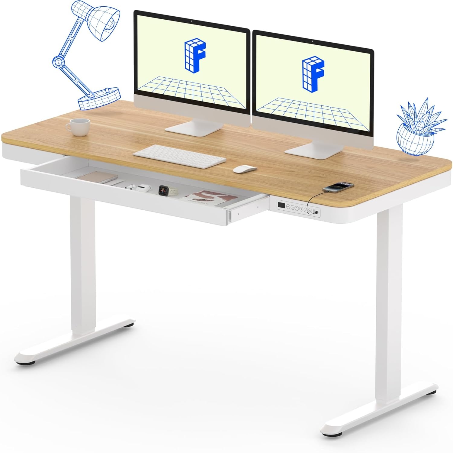 image:imageFLEXISPOT Comhar Electric Pure Glass Standing Desk with Drawer Desktop amp USB Charge Ports 48 Ergonomic Height Adjustable Sit to Stand Desk for Home Office White GlassWood