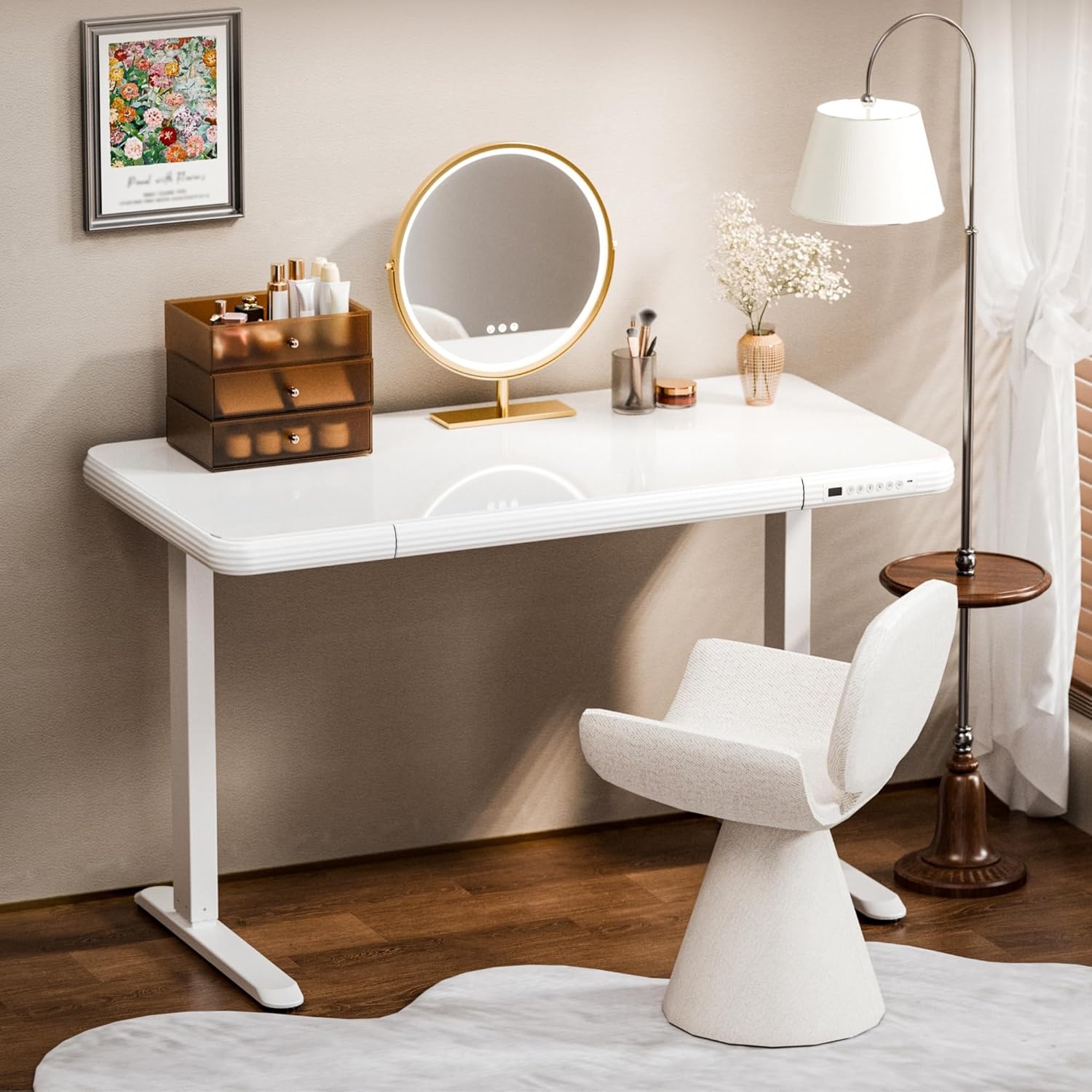 image:imageFLEXISPOT Comhar Electric Pure Glass Standing Desk with Drawer Desktop amp USB Charge Ports 48 Ergonomic Height Adjustable Sit to Stand Desk for Home Office White GlassGlass