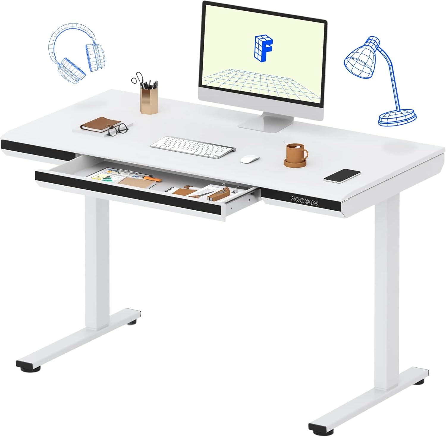 image:imageFLEXISPOT Comhar Electric Pure Glass Standing Desk with Drawer Desktop amp USB Charge Ports 48 Ergonomic Height Adjustable Sit to Stand Desk for Home Office White GlassWood