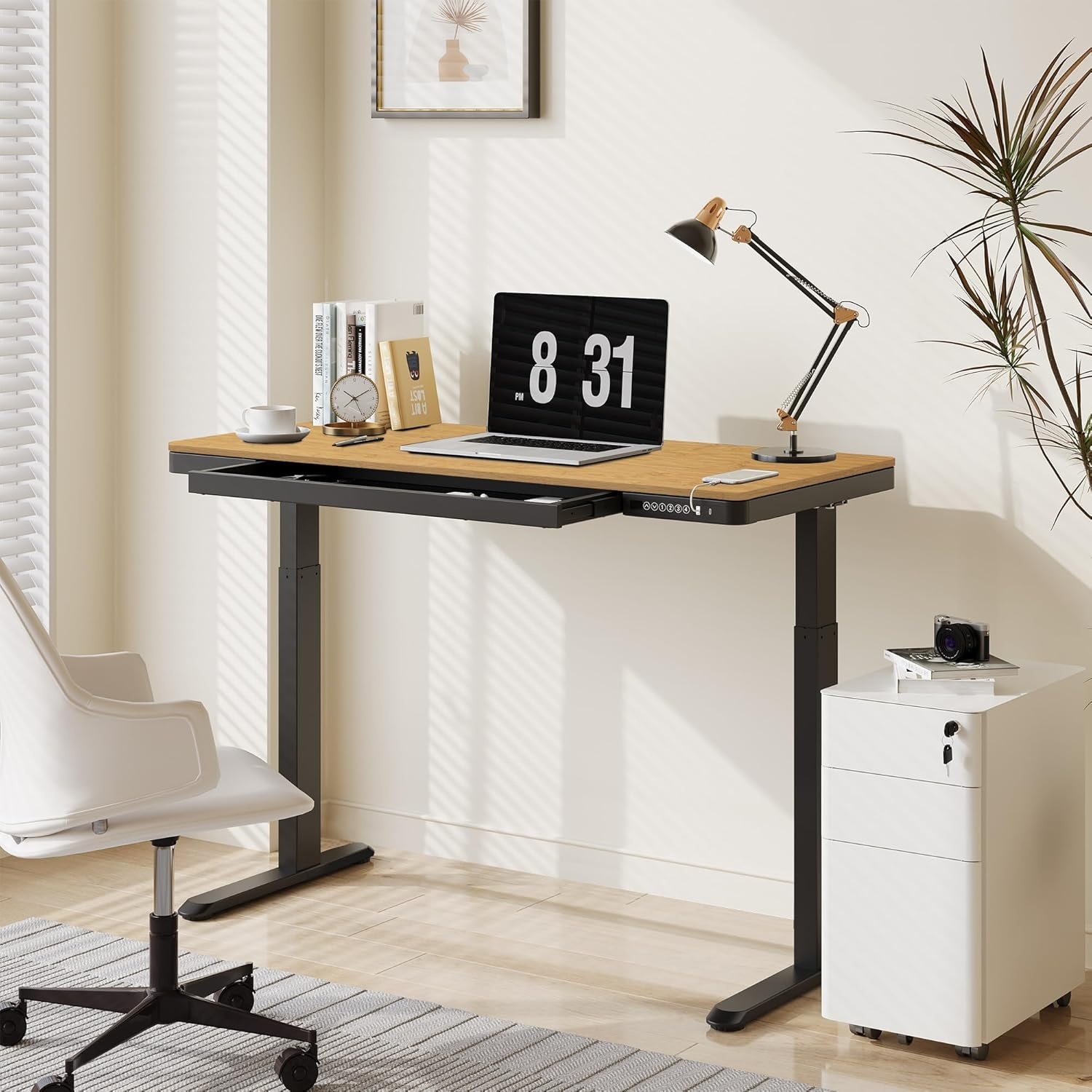 image:imageFLEXISPOT Comhar Electric Pure Glass Standing Desk with Drawer Desktop amp USB Charge Ports 48 Ergonomic Height Adjustable Sit to Stand Desk for Home Office White GlassWood