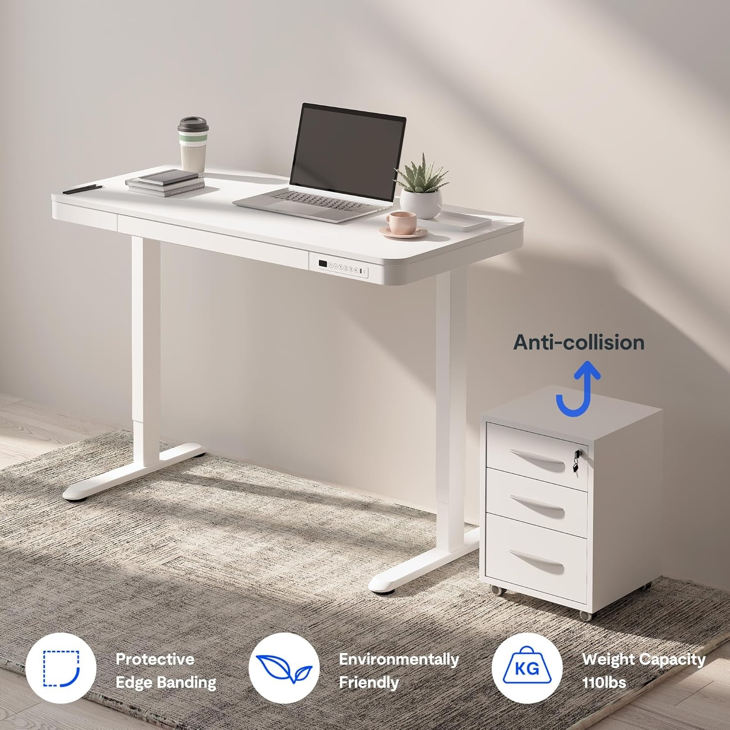 image:imageFLEXISPOT Comhar Electric Pure Glass Standing Desk with Drawer Desktop amp USB Charge Ports 48 Ergonomic Height Adjustable Sit to Stand Desk for Home Office White GlassWood