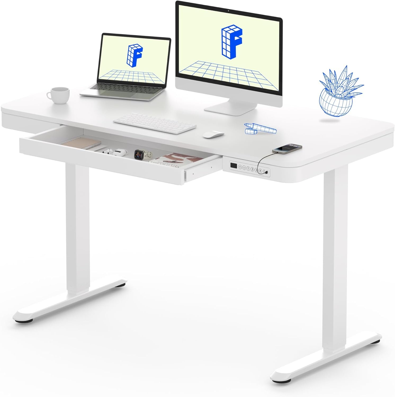 image:imageFLEXISPOT Comhar Electric Pure Glass Standing Desk with Drawer Desktop amp USB Charge Ports 48 Ergonomic Height Adjustable Sit to Stand Desk for Home Office White GlassWood