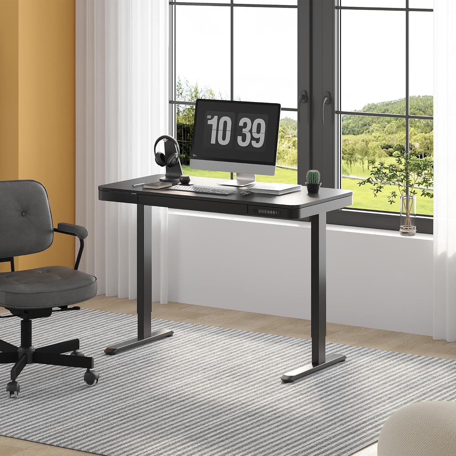image:imageFLEXISPOT Comhar Electric Pure Glass Standing Desk with Drawer Desktop amp USB Charge Ports 48 Ergonomic Height Adjustable Sit to Stand Desk for Home Office White GlassWood