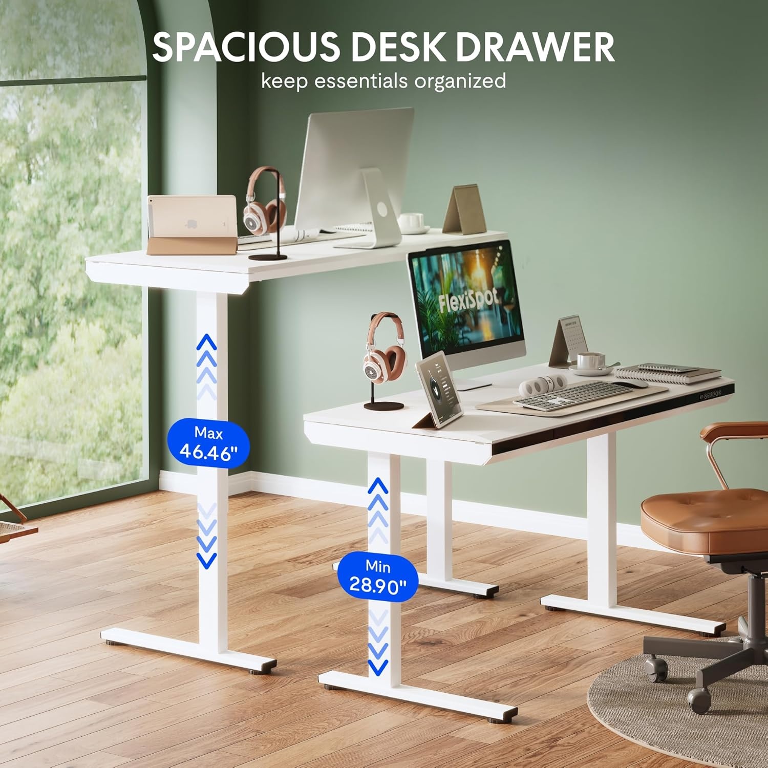image:imageFLEXISPOT Comhar Electric Pure Glass Standing Desk with Drawer Desktop amp USB Charge Ports 48 Ergonomic Height Adjustable Sit to Stand Desk for Home Office White GlassWood