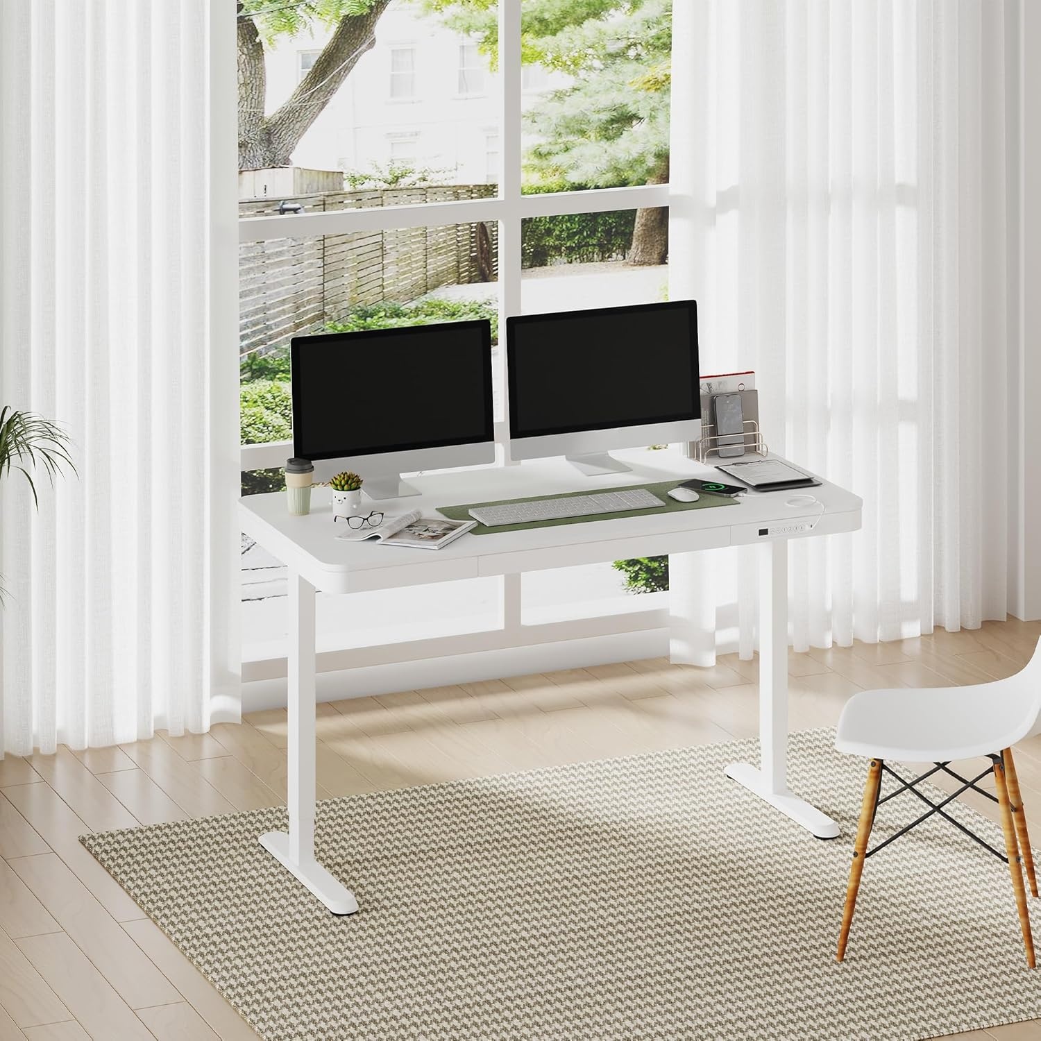 image:imageFLEXISPOT Comhar Electric Pure Glass Standing Desk with Drawer Desktop amp USB Charge Ports 48 Ergonomic Height Adjustable Sit to Stand Desk for Home Office White GlassWood