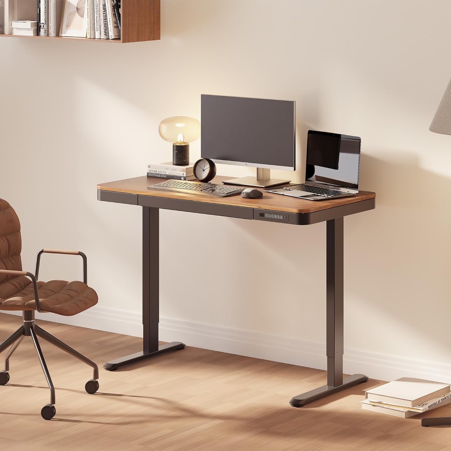 image:imageFLEXISPOT Comhar Electric Pure Glass Standing Desk with Drawer Desktop amp USB Charge Ports 48 Ergonomic Height Adjustable Sit to Stand Desk for Home Office White GlassWood