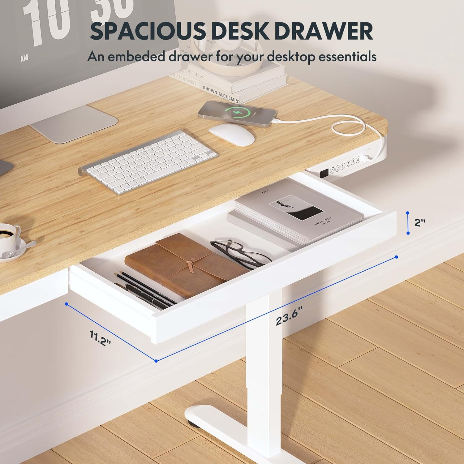 image:imageFLEXISPOT Comhar Electric Pure Glass Standing Desk with Drawer Desktop amp USB Charge Ports 48 Ergonomic Height Adjustable Sit to Stand Desk for Home Office White GlassWood