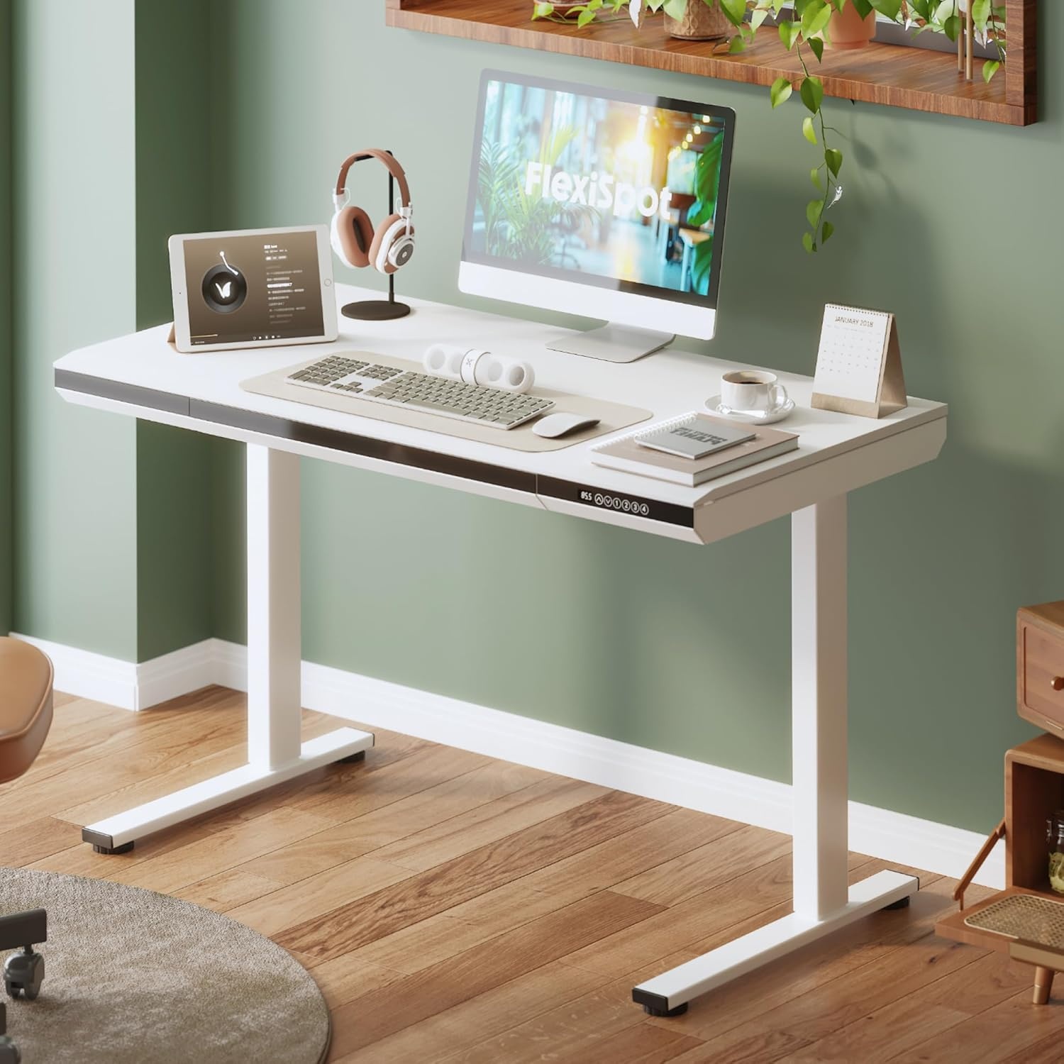 image:imageFLEXISPOT Comhar Electric Pure Glass Standing Desk with Drawer Desktop amp USB Charge Ports 48 Ergonomic Height Adjustable Sit to Stand Desk for Home Office White GlassWood