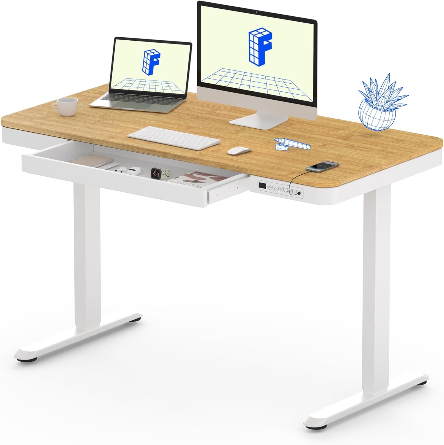 image:imageFLEXISPOT Comhar Electric Pure Glass Standing Desk with Drawer Desktop amp USB Charge Ports 48 Ergonomic Height Adjustable Sit to Stand Desk for Home Office White GlassWood