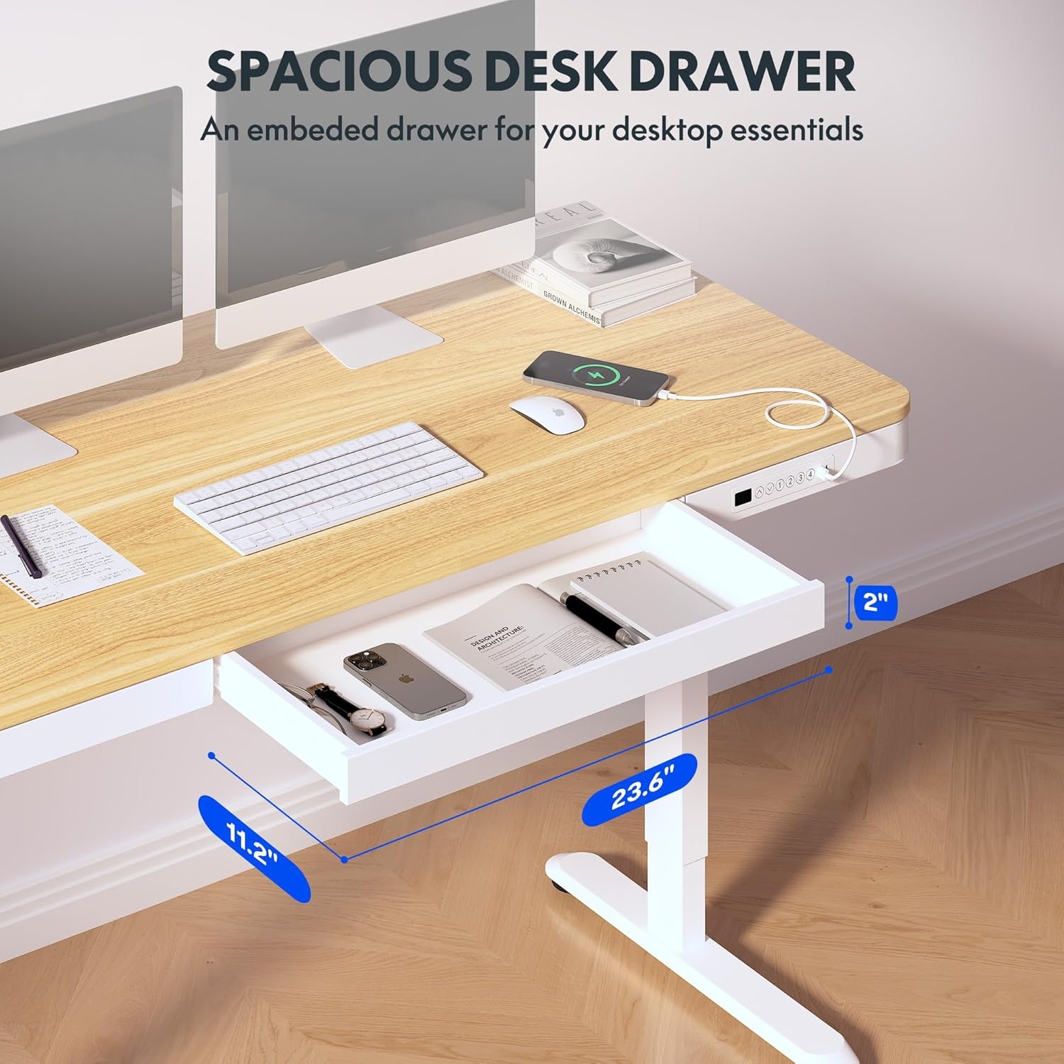 image:imageFLEXISPOT Comhar Electric Pure Glass Standing Desk with Drawer Desktop amp USB Charge Ports 48 Ergonomic Height Adjustable Sit to Stand Desk for Home Office White GlassWood