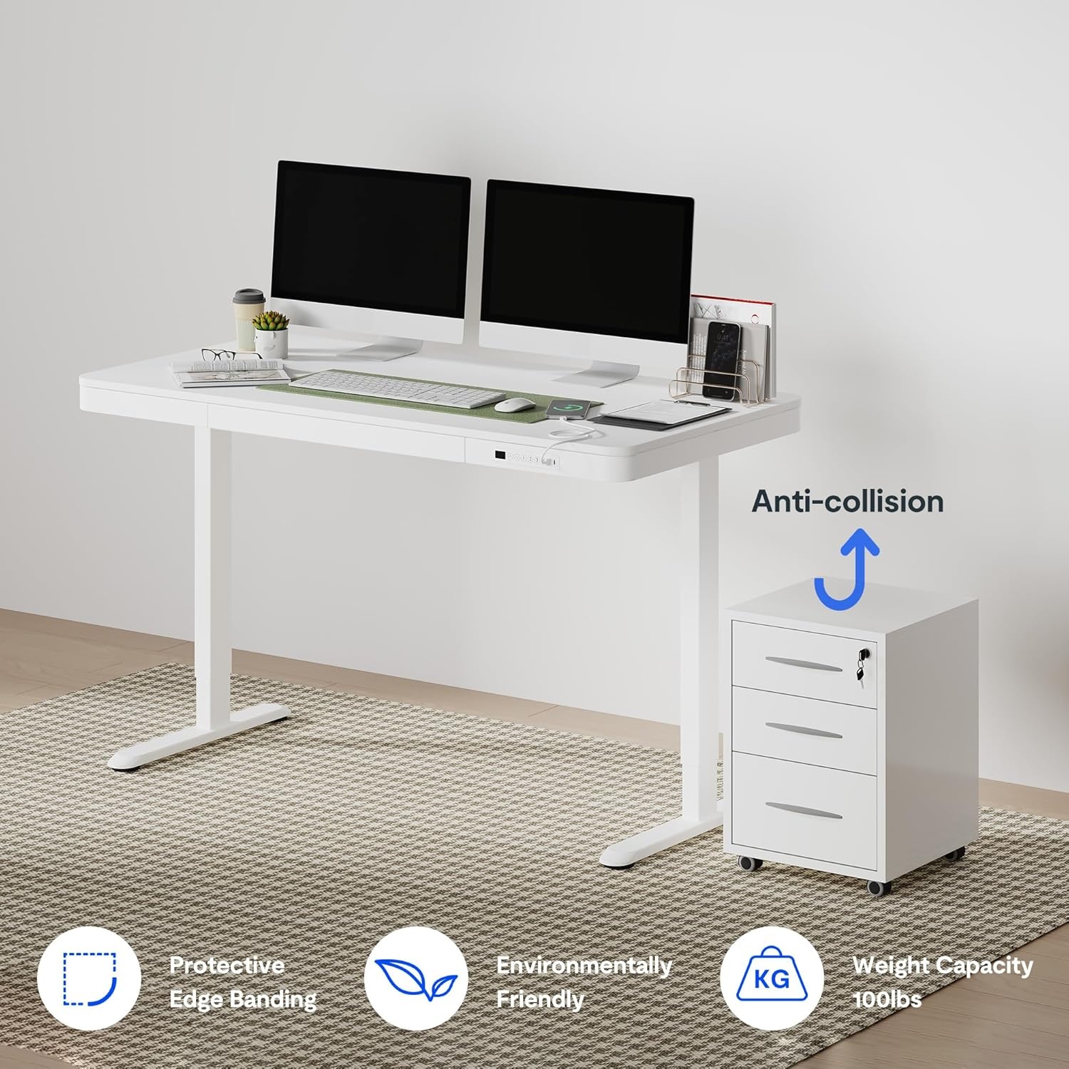 image:imageFLEXISPOT Comhar Electric Pure Glass Standing Desk with Drawer Desktop amp USB Charge Ports 48 Ergonomic Height Adjustable Sit to Stand Desk for Home Office White GlassWood