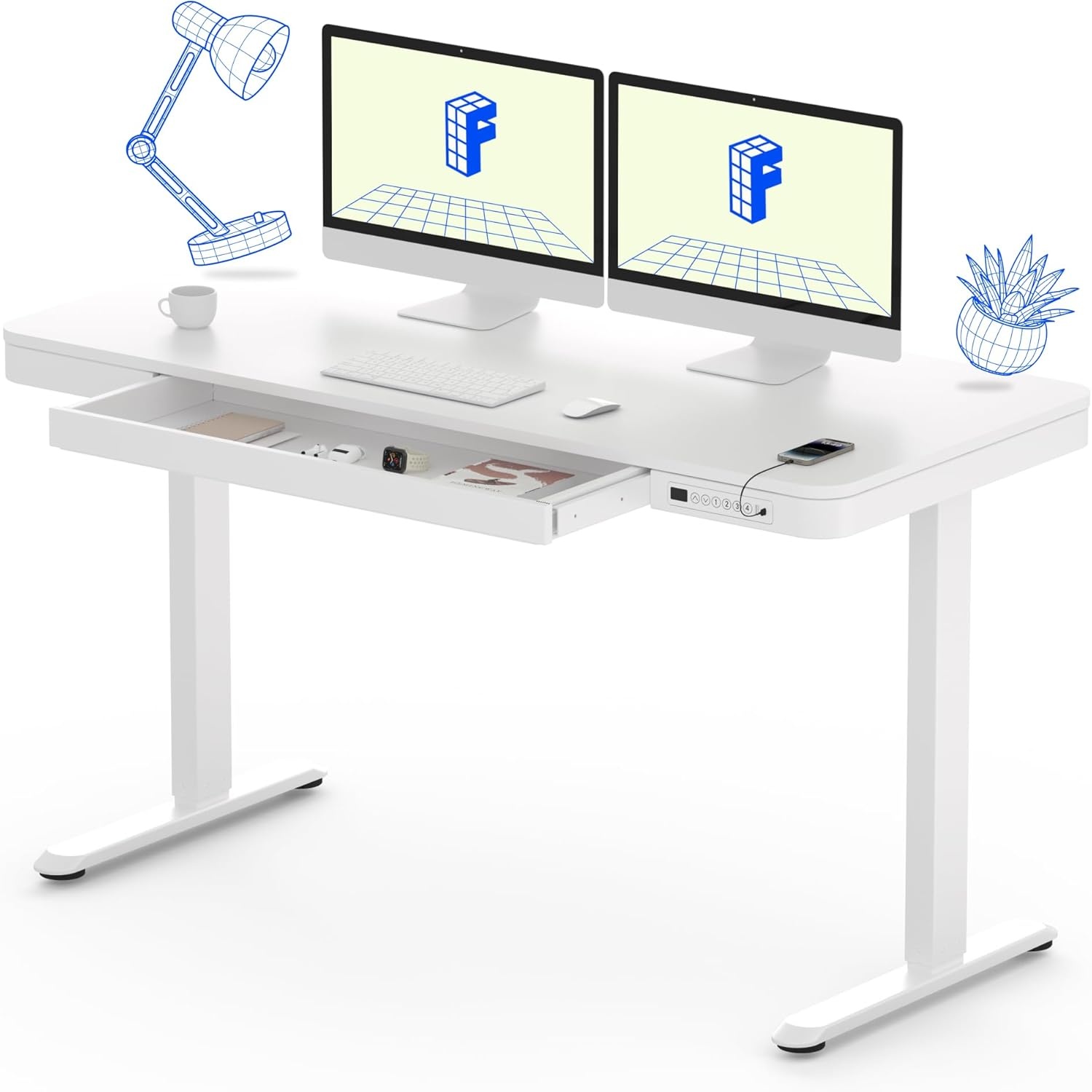 image:imageFLEXISPOT Comhar Electric Pure Glass Standing Desk with Drawer Desktop amp USB Charge Ports 48 Ergonomic Height Adjustable Sit to Stand Desk for Home Office White GlassWood