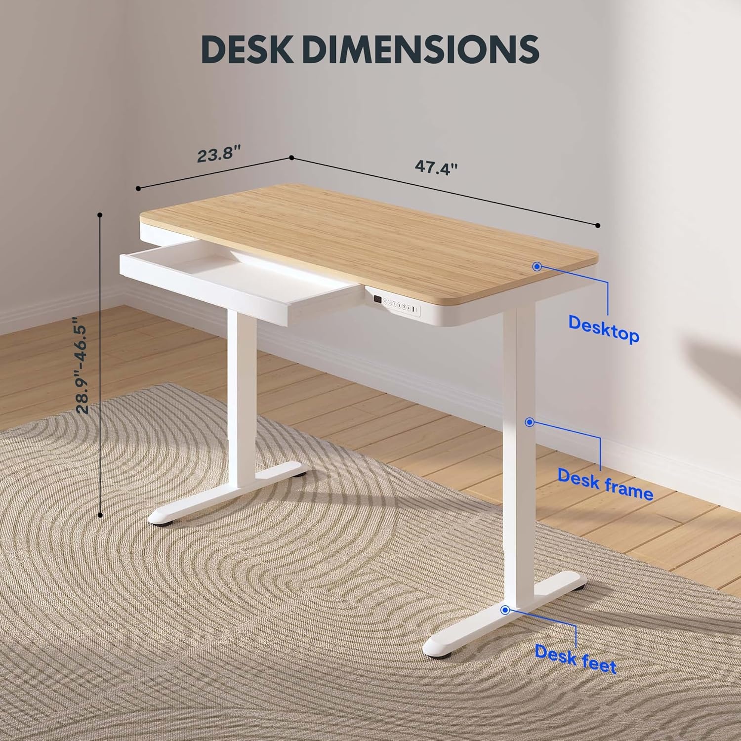 image:imageFLEXISPOT Comhar Electric Pure Glass Standing Desk with Drawer Desktop amp USB Charge Ports 48 Ergonomic Height Adjustable Sit to Stand Desk for Home Office White GlassWood