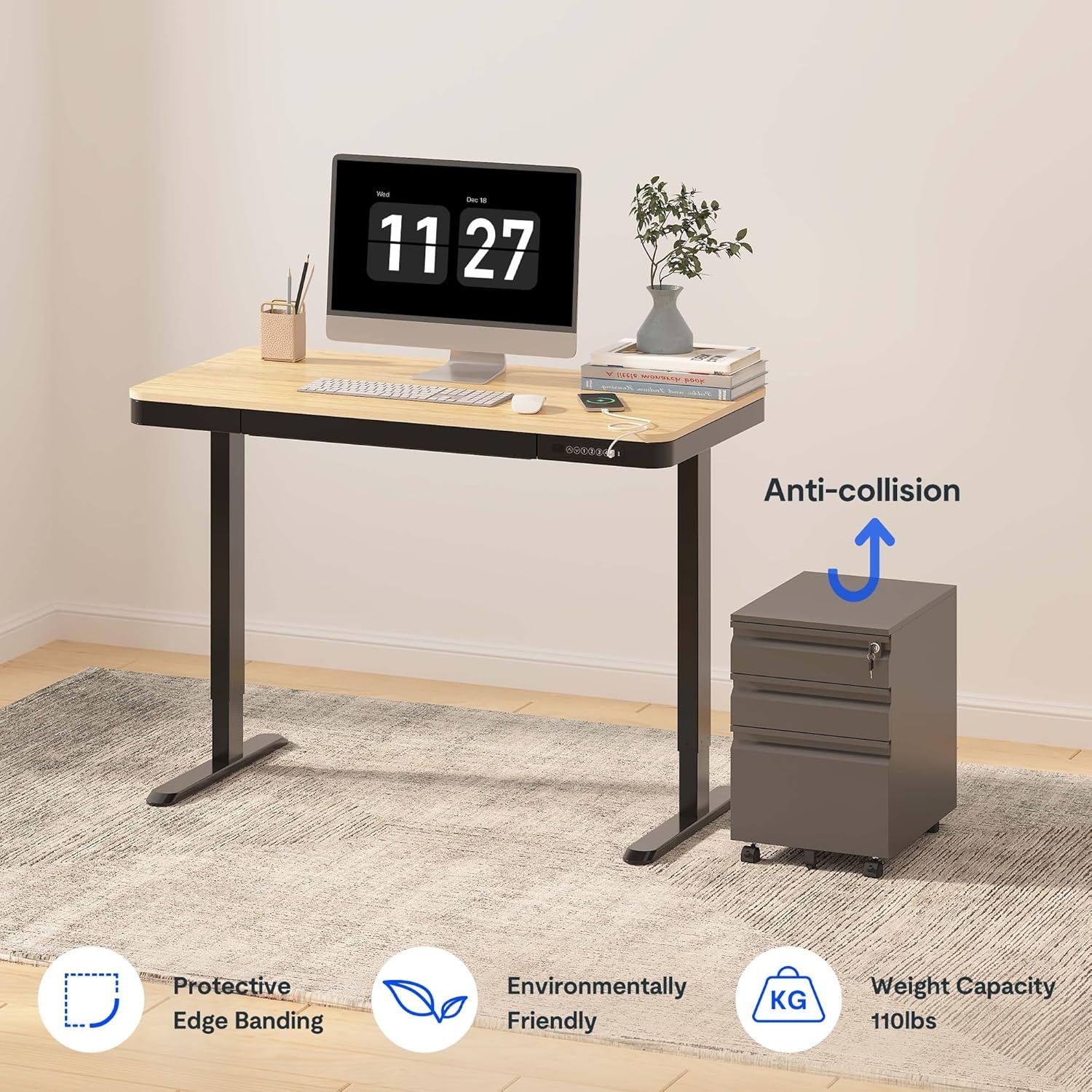 image:imageFLEXISPOT Comhar Electric Pure Glass Standing Desk with Drawer Desktop amp USB Charge Ports 48 Ergonomic Height Adjustable Sit to Stand Desk for Home Office White GlassWood