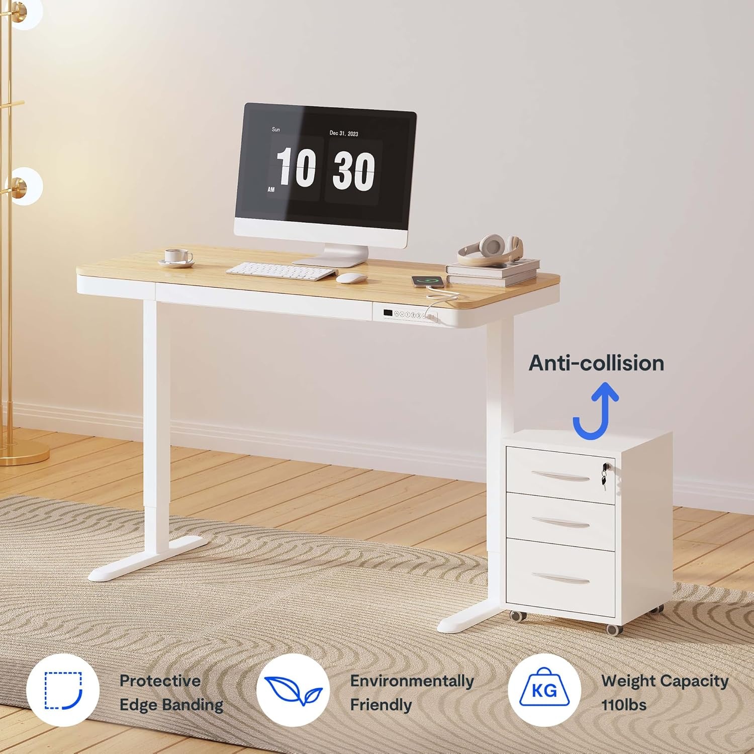 image:imageFLEXISPOT Comhar Electric Pure Glass Standing Desk with Drawer Desktop amp USB Charge Ports 48 Ergonomic Height Adjustable Sit to Stand Desk for Home Office White GlassWood