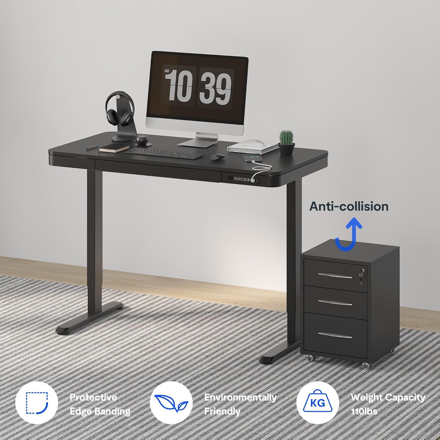 image:imageFLEXISPOT Comhar Electric Pure Glass Standing Desk with Drawer Desktop amp USB Charge Ports 48 Ergonomic Height Adjustable Sit to Stand Desk for Home Office White GlassWood