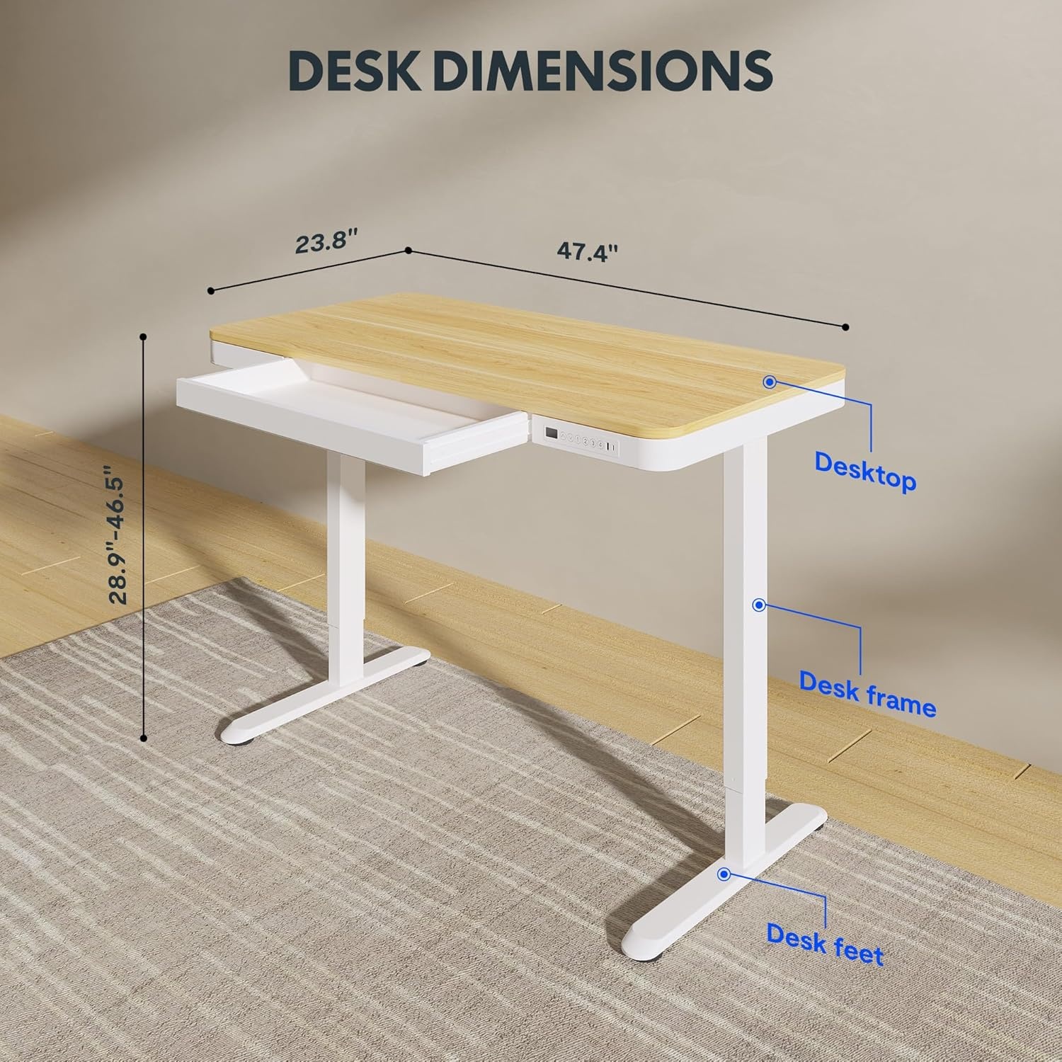 image:imageFLEXISPOT Comhar Electric Pure Glass Standing Desk with Drawer Desktop amp USB Charge Ports 48 Ergonomic Height Adjustable Sit to Stand Desk for Home Office White GlassWood