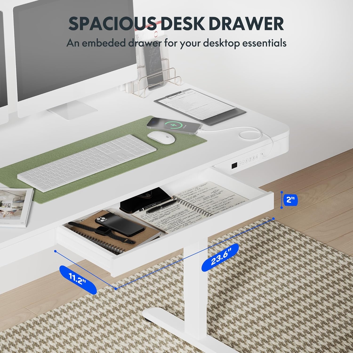 image:imageFLEXISPOT Comhar Electric Pure Glass Standing Desk with Drawer Desktop amp USB Charge Ports 48 Ergonomic Height Adjustable Sit to Stand Desk for Home Office White GlassWood