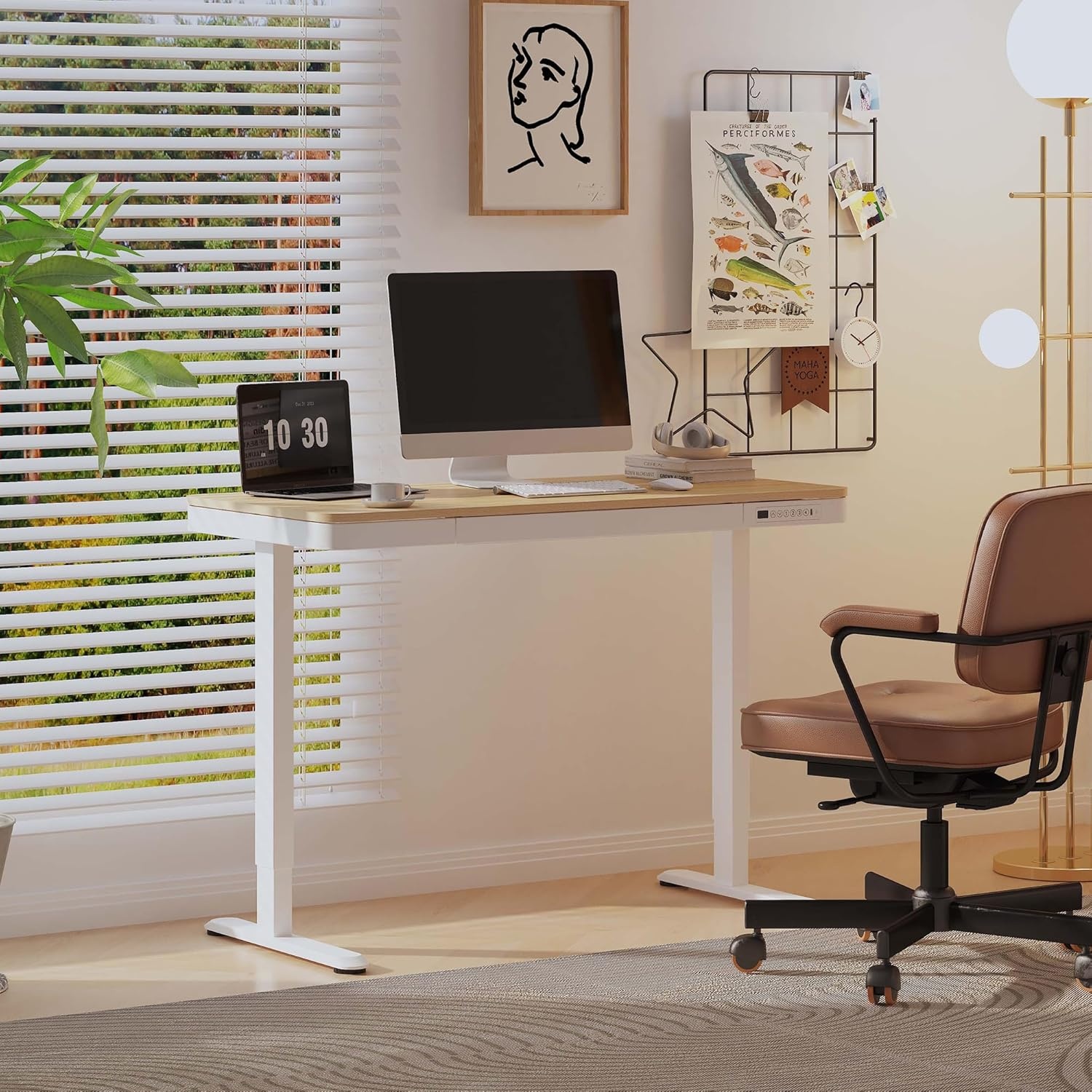 image:imageFLEXISPOT Comhar Electric Pure Glass Standing Desk with Drawer Desktop amp USB Charge Ports 48 Ergonomic Height Adjustable Sit to Stand Desk for Home Office White GlassWood
