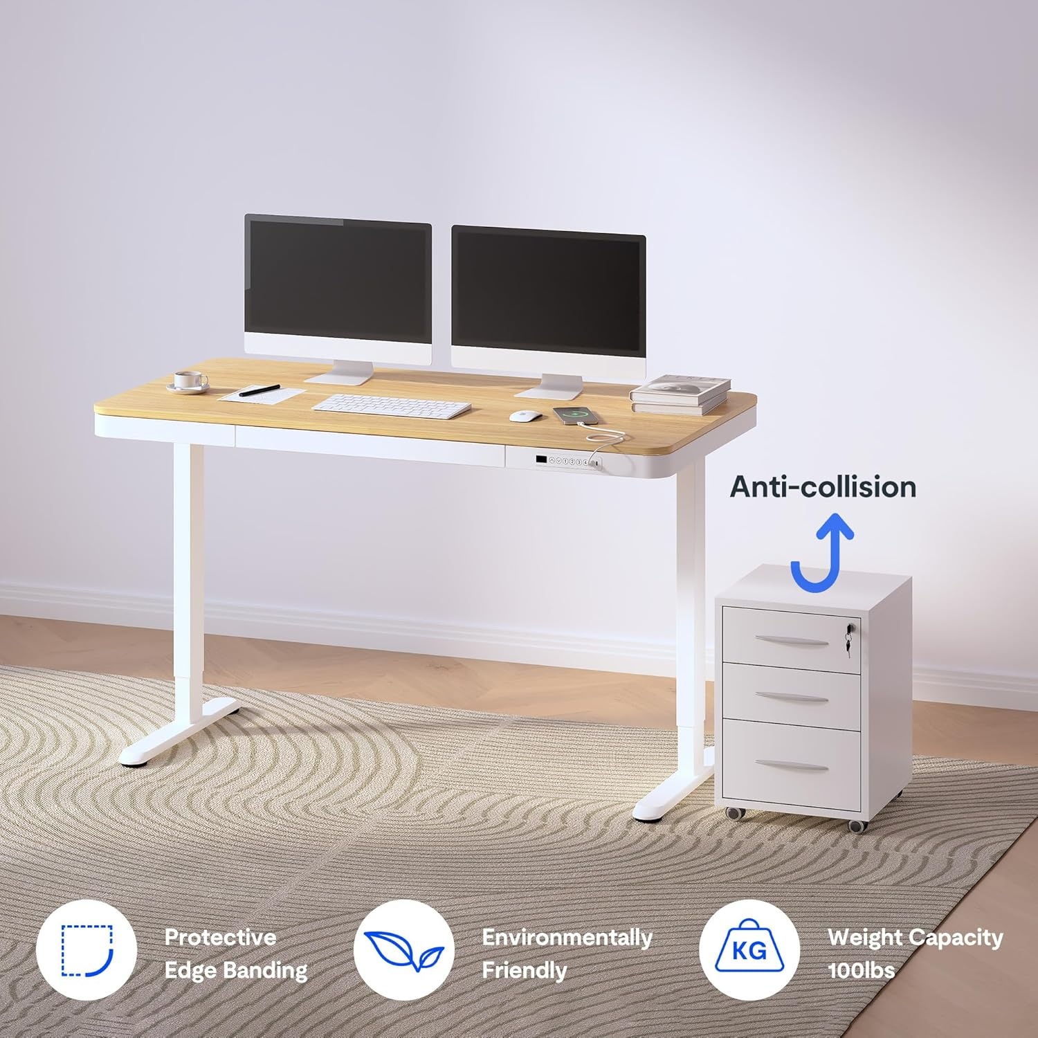 image:imageFLEXISPOT Comhar Electric Pure Glass Standing Desk with Drawer Desktop amp USB Charge Ports 48 Ergonomic Height Adjustable Sit to Stand Desk for Home Office White GlassWood