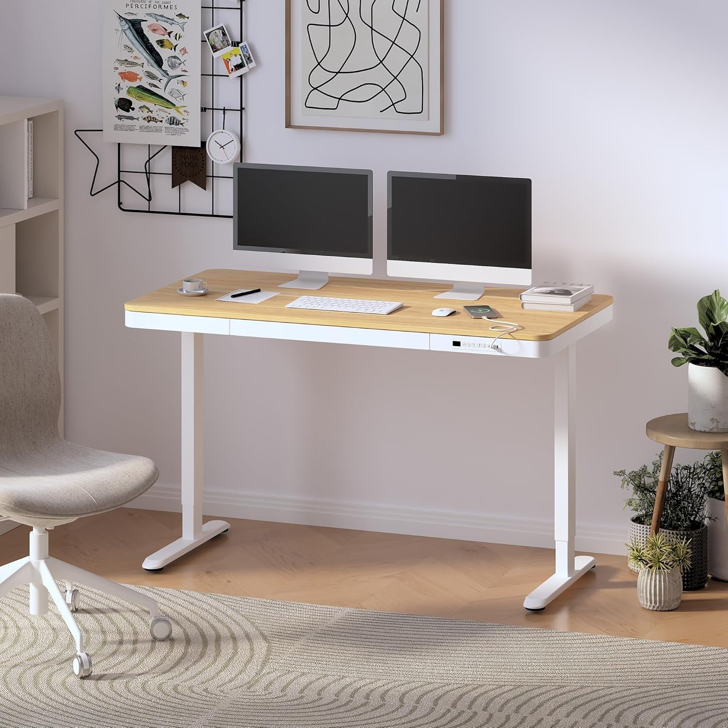 image:imageFLEXISPOT Comhar Electric Pure Glass Standing Desk with Drawer Desktop amp USB Charge Ports 48 Ergonomic Height Adjustable Sit to Stand Desk for Home Office White GlassWood