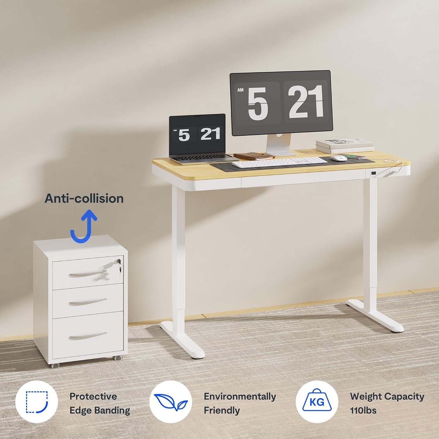 image:imageFLEXISPOT Comhar Electric Pure Glass Standing Desk with Drawer Desktop amp USB Charge Ports 48 Ergonomic Height Adjustable Sit to Stand Desk for Home Office White GlassWood