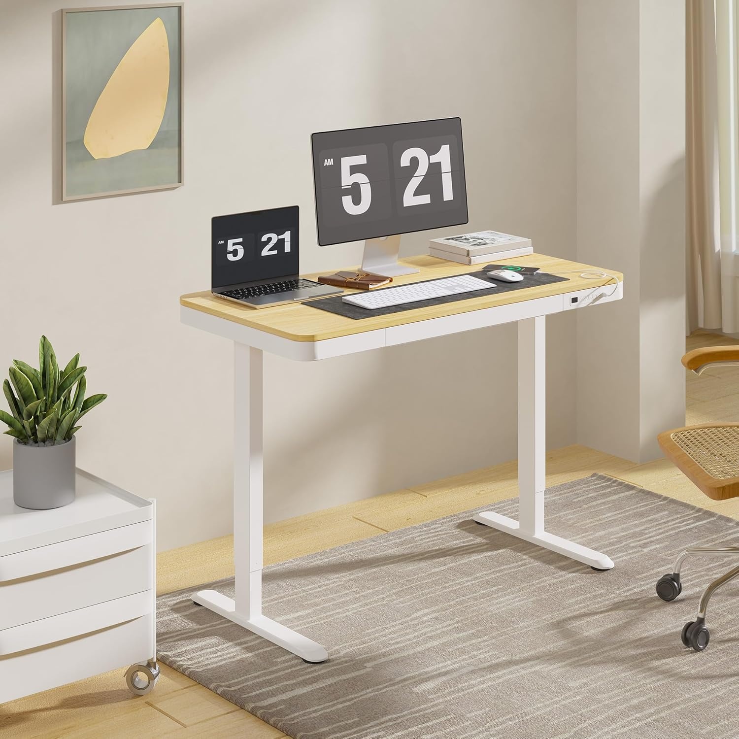 image:imageFLEXISPOT Comhar Electric Pure Glass Standing Desk with Drawer Desktop amp USB Charge Ports 48 Ergonomic Height Adjustable Sit to Stand Desk for Home Office White GlassWood