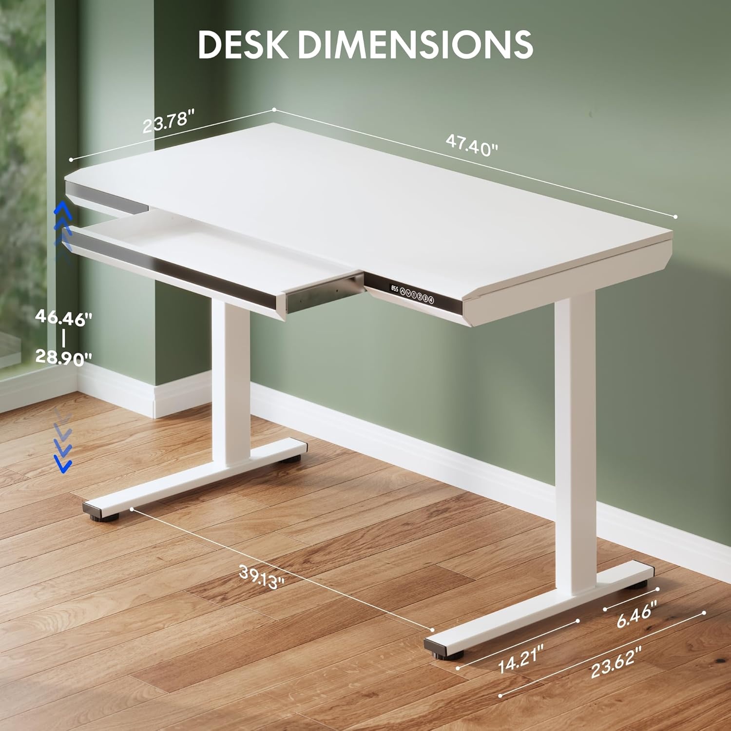 image:imageFLEXISPOT Comhar Electric Pure Glass Standing Desk with Drawer Desktop amp USB Charge Ports 48 Ergonomic Height Adjustable Sit to Stand Desk for Home Office White GlassWood