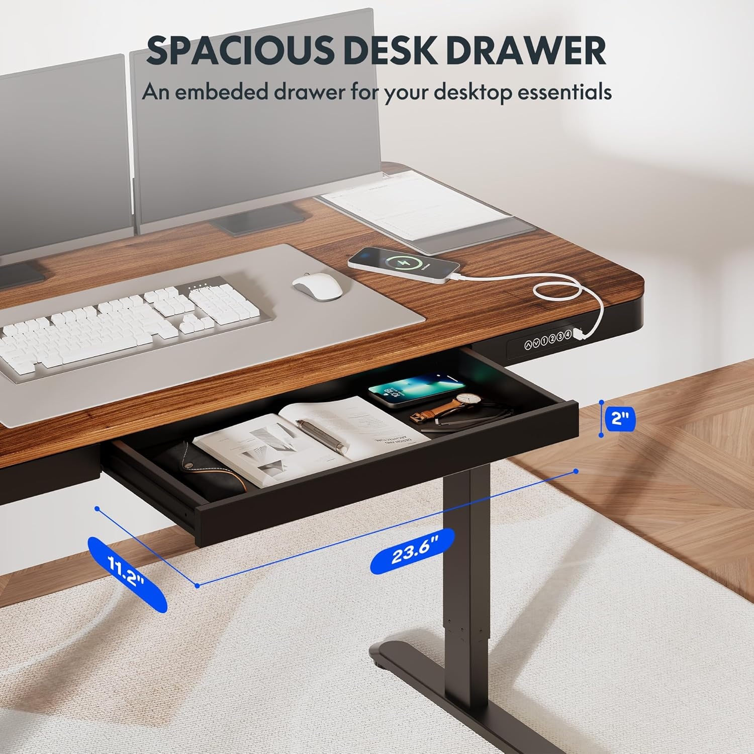 image:imageFLEXISPOT Comhar Electric Pure Glass Standing Desk with Drawer Desktop amp USB Charge Ports 48 Ergonomic Height Adjustable Sit to Stand Desk for Home Office White GlassWood