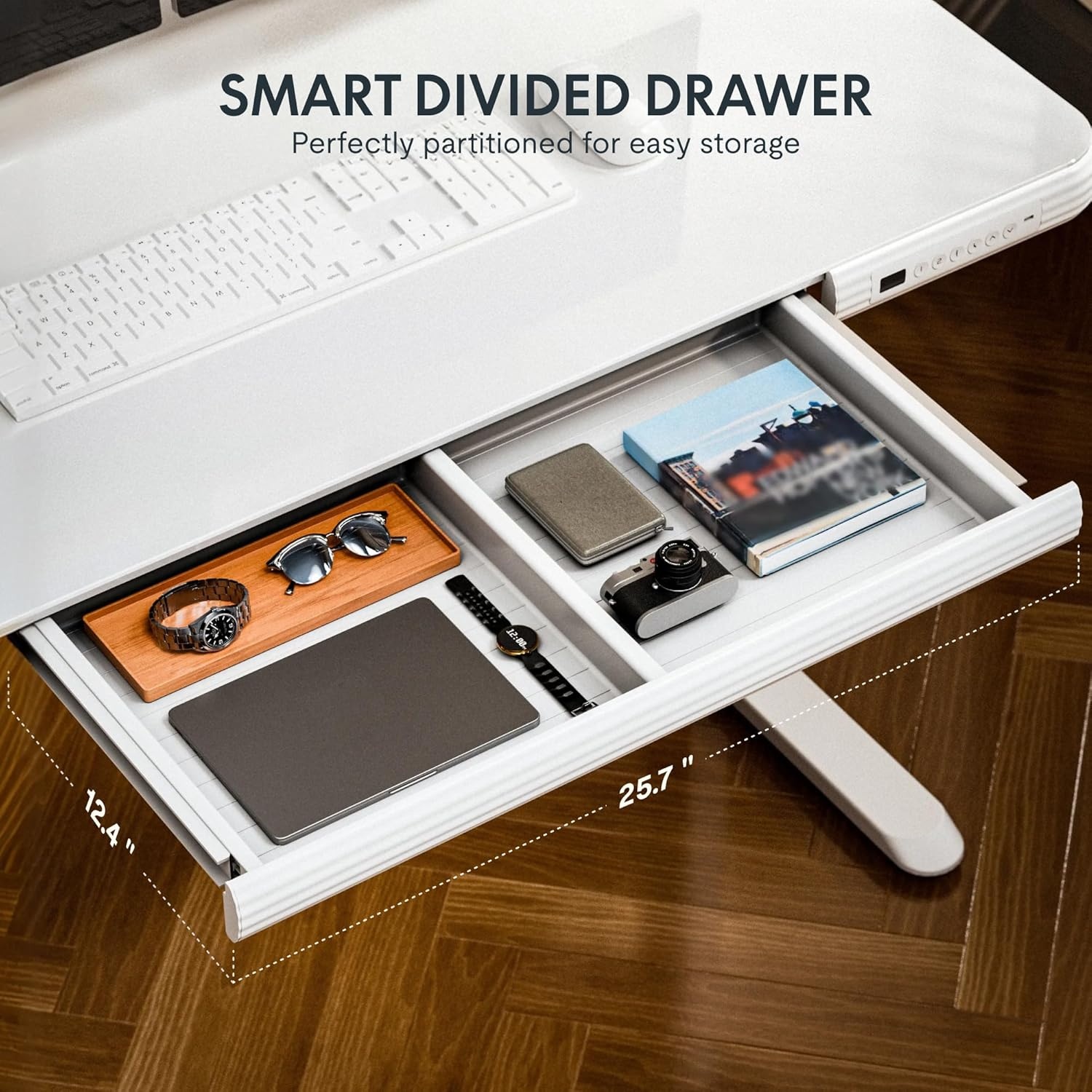 image:imageFLEXISPOT Comhar Electric Pure Glass Standing Desk with Drawer Desktop amp USB Charge Ports 48 Ergonomic Height Adjustable Sit to Stand Desk for Home Office White GlassGlass