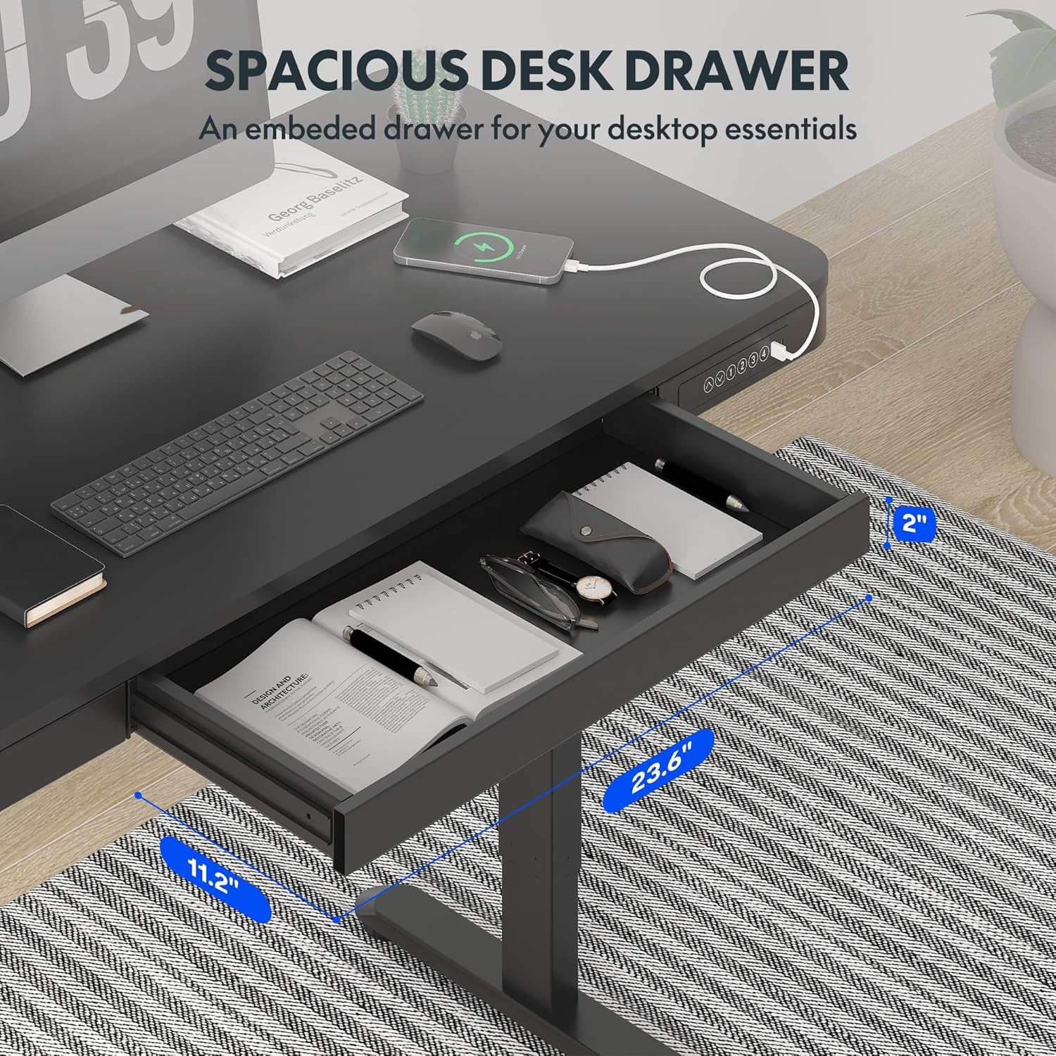 image:imageFLEXISPOT Comhar Electric Pure Glass Standing Desk with Drawer Desktop amp USB Charge Ports 48 Ergonomic Height Adjustable Sit to Stand Desk for Home Office White GlassWood