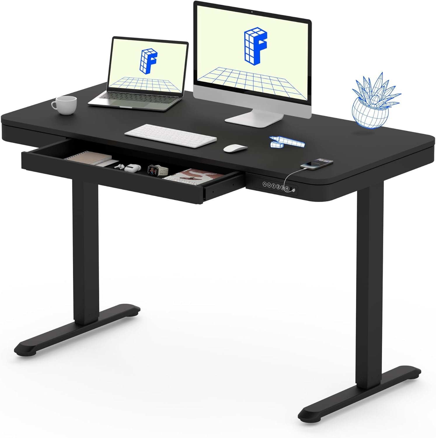 image:imageFLEXISPOT Comhar Electric Pure Glass Standing Desk with Drawer Desktop amp USB Charge Ports 48 Ergonomic Height Adjustable Sit to Stand Desk for Home Office White GlassWood