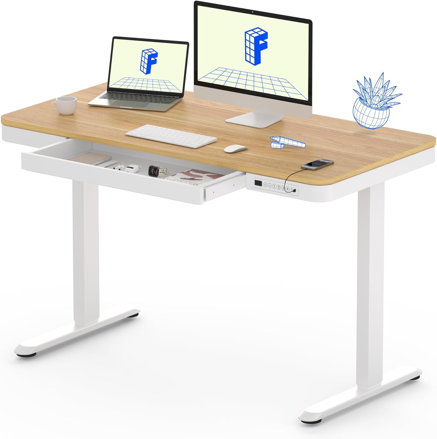 image:imageFLEXISPOT Comhar Electric Pure Glass Standing Desk with Drawer Desktop amp USB Charge Ports 48 Ergonomic Height Adjustable Sit to Stand Desk for Home Office White GlassWood
