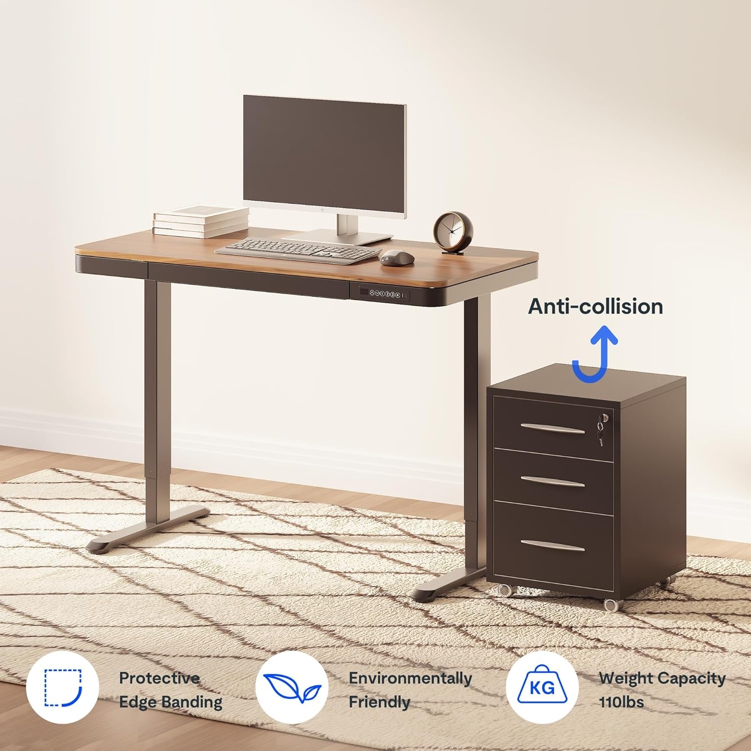 image:imageFLEXISPOT Comhar Electric Pure Glass Standing Desk with Drawer Desktop amp USB Charge Ports 48 Ergonomic Height Adjustable Sit to Stand Desk for Home Office White GlassWood