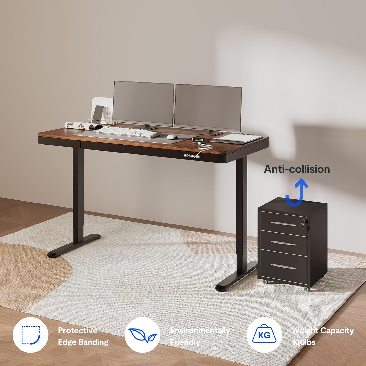 image:imageFLEXISPOT Comhar Electric Pure Glass Standing Desk with Drawer Desktop amp USB Charge Ports 48 Ergonomic Height Adjustable Sit to Stand Desk for Home Office White GlassWood