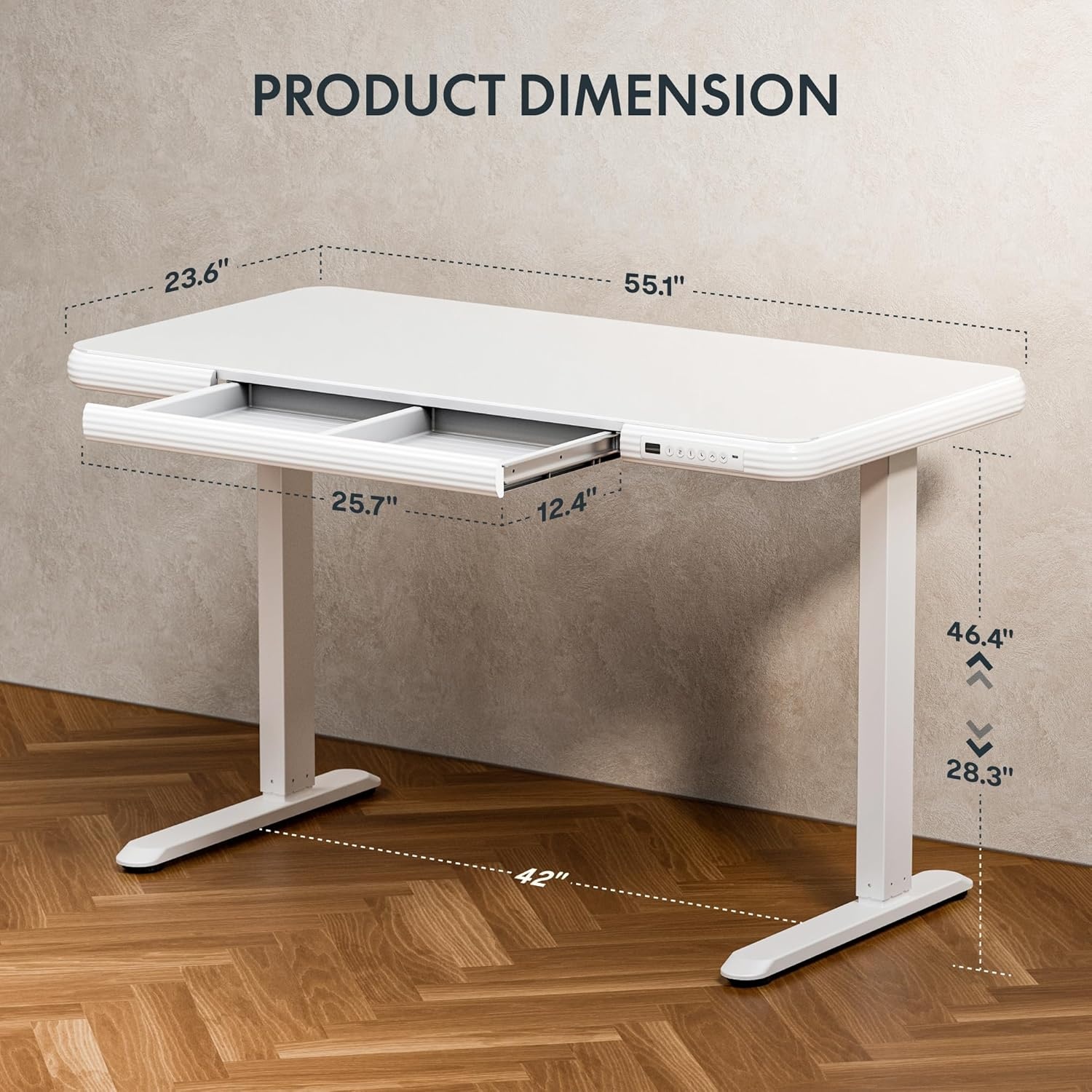 image:imageFLEXISPOT Comhar Electric Pure Glass Standing Desk with Drawer Desktop amp USB Charge Ports 48 Ergonomic Height Adjustable Sit to Stand Desk for Home Office White GlassGlass