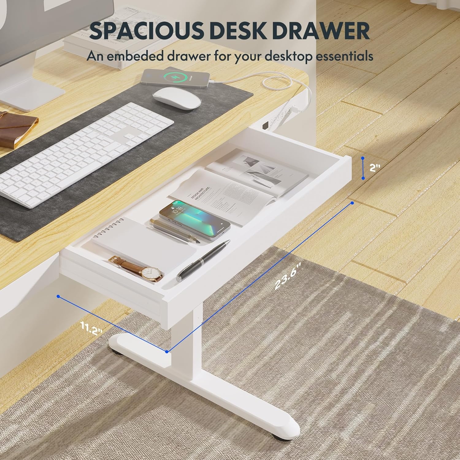 image:imageFLEXISPOT Comhar Electric Pure Glass Standing Desk with Drawer Desktop amp USB Charge Ports 48 Ergonomic Height Adjustable Sit to Stand Desk for Home Office White GlassWood