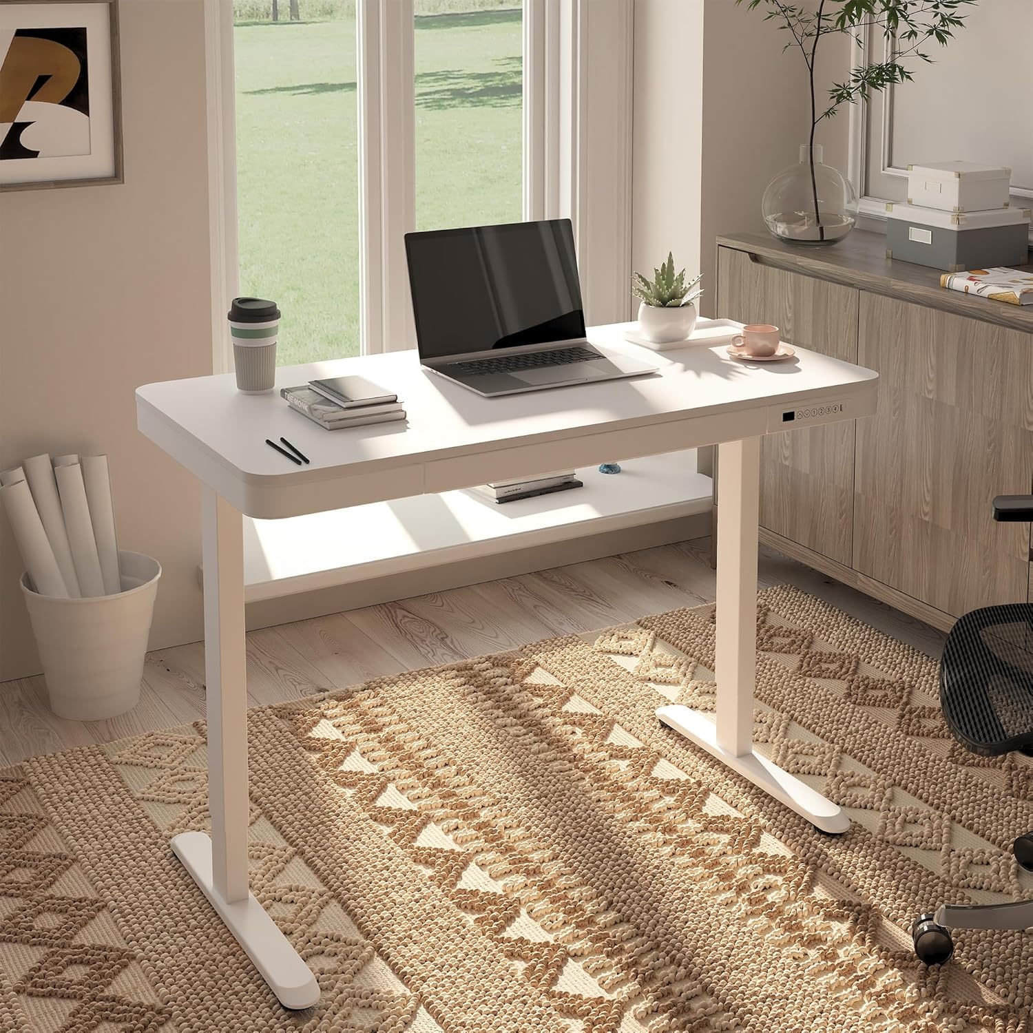 image:imageFLEXISPOT Comhar Electric Pure Glass Standing Desk with Drawer Desktop amp USB Charge Ports 48 Ergonomic Height Adjustable Sit to Stand Desk for Home Office White GlassWood