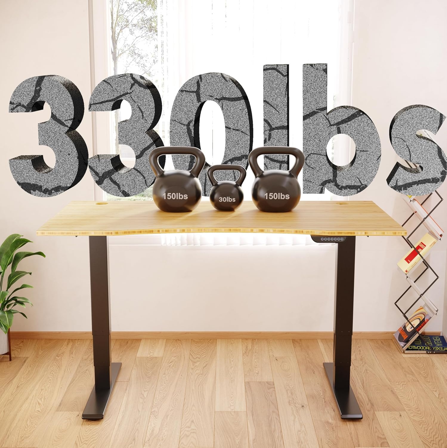 image:imageFLEXISPOT E6 MAX Bamboo Dual Motor 48x24 Inch 3Stage Heavy Duty Standing Desk 330lbs Weight Capacity Height Adjustable Desk wCable Management amp Wheels Solid Bamboo Desktop Black FrameBlack Frame Bamboo Top