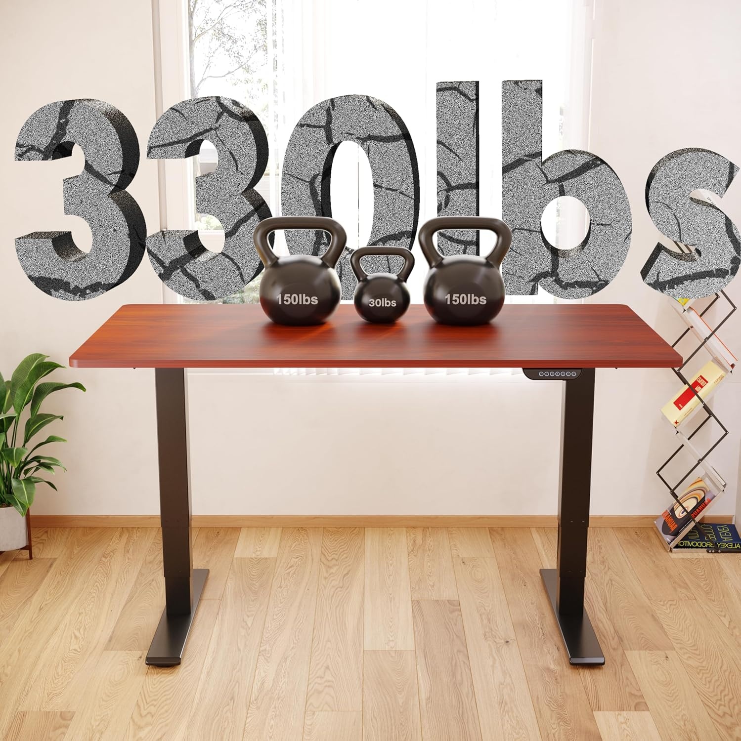 image:imageFLEXISPOT E6 MAX Bamboo Dual Motor 48x24 Inch 3Stage Heavy Duty Standing Desk 330lbs Weight Capacity Height Adjustable Desk wCable Management amp Wheels Solid Bamboo Desktop Black FrameBlack Frame Mahogany Top