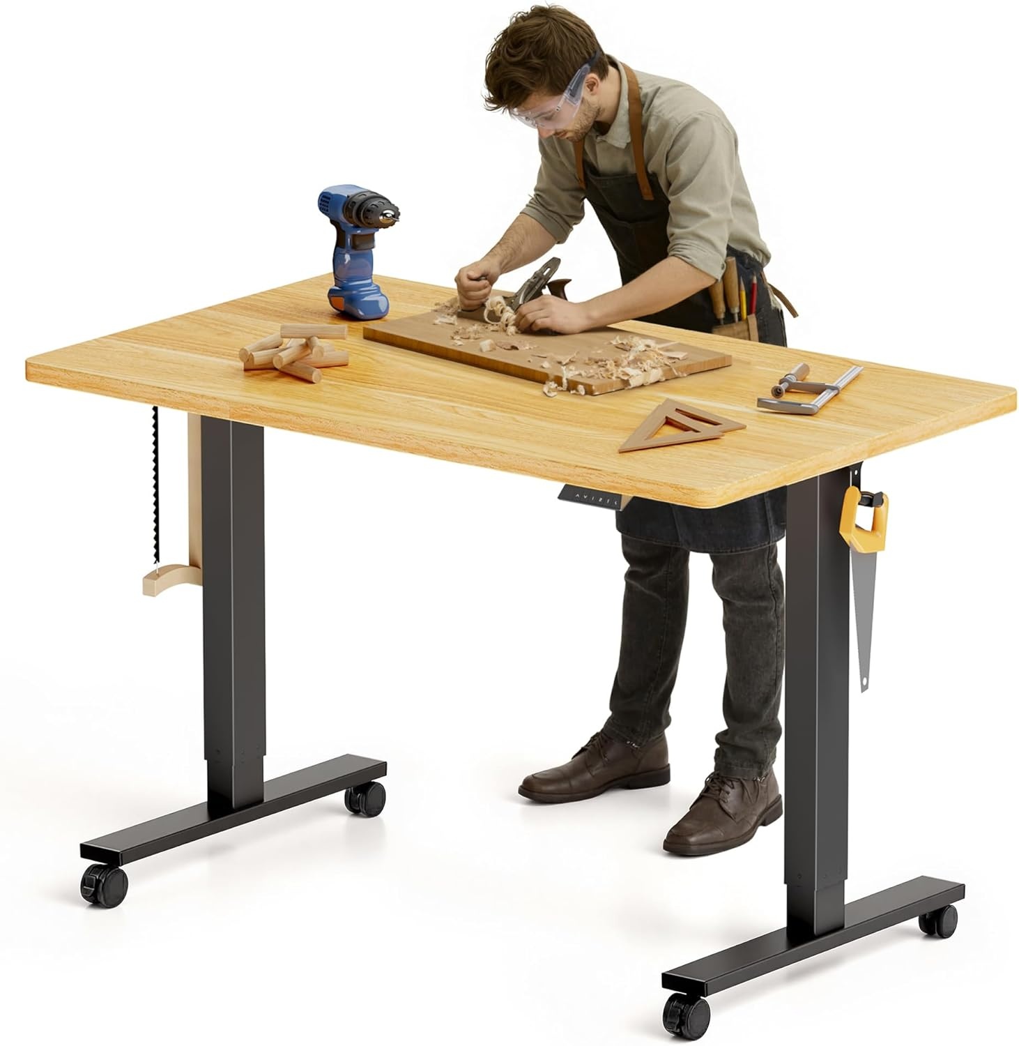 image:imageFLEXISPOT Electric Adjustable Workbench 55x28 Inches Ergonomic Worktable with Drawer for Garage Workshop Office and Home Spacious Desktop for Woodworking Sewing and Crafts White 3 Packages4830 Maple