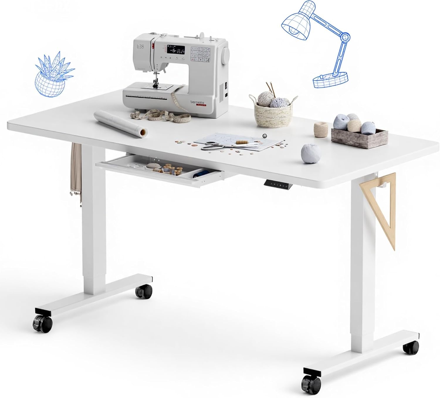 image:imageFLEXISPOT Electric Adjustable Workbench 55x28 Inches Ergonomic Worktable with Drawer for Garage Workshop Office and Home Spacious Desktop for Woodworking Sewing and Crafts White 3 Packages5528 White