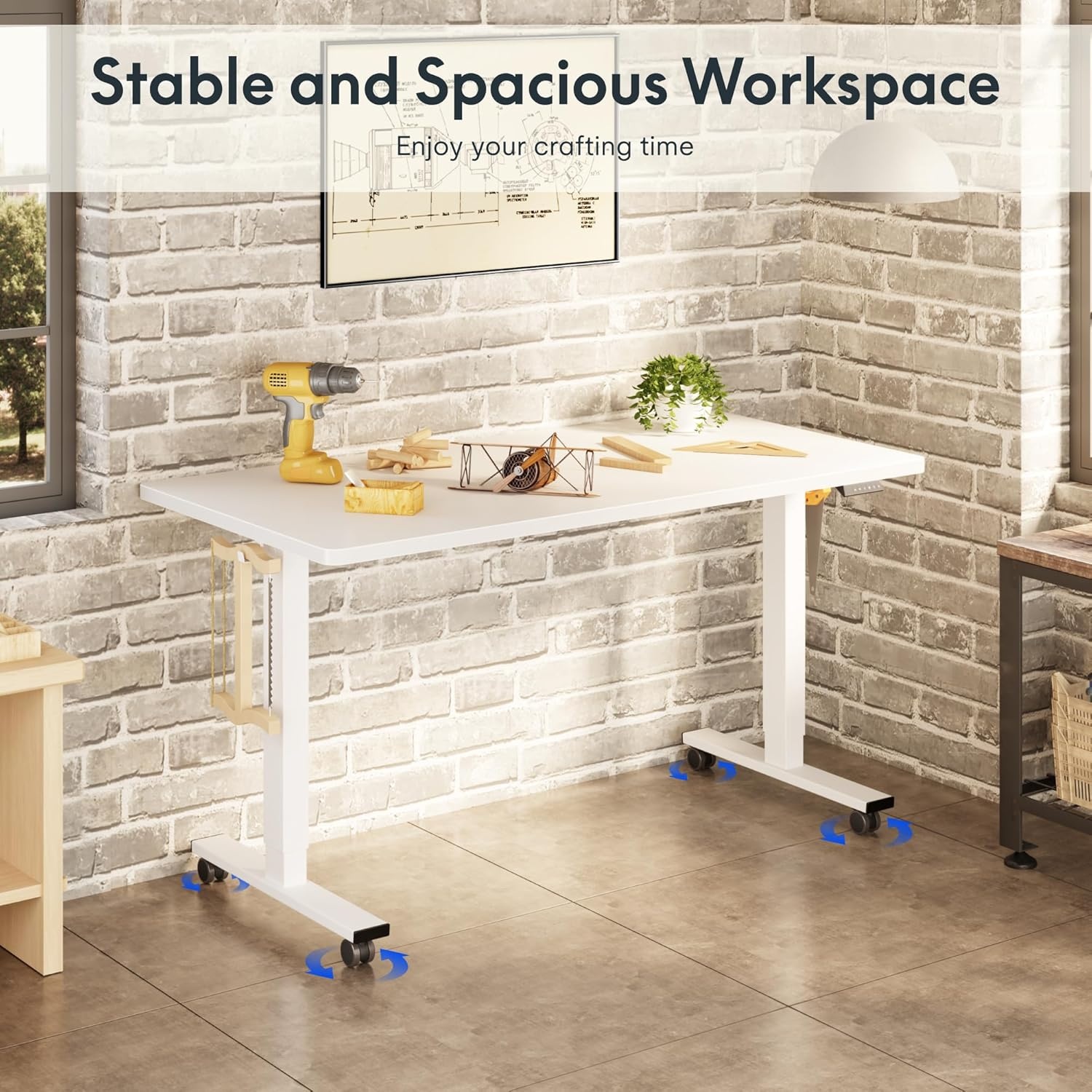image:imageFLEXISPOT Electric Adjustable Workbench 55x28 Inches Ergonomic Worktable with Drawer for Garage Workshop Office and Home Spacious Desktop for Woodworking Sewing and Crafts White 3 Packages5528 White