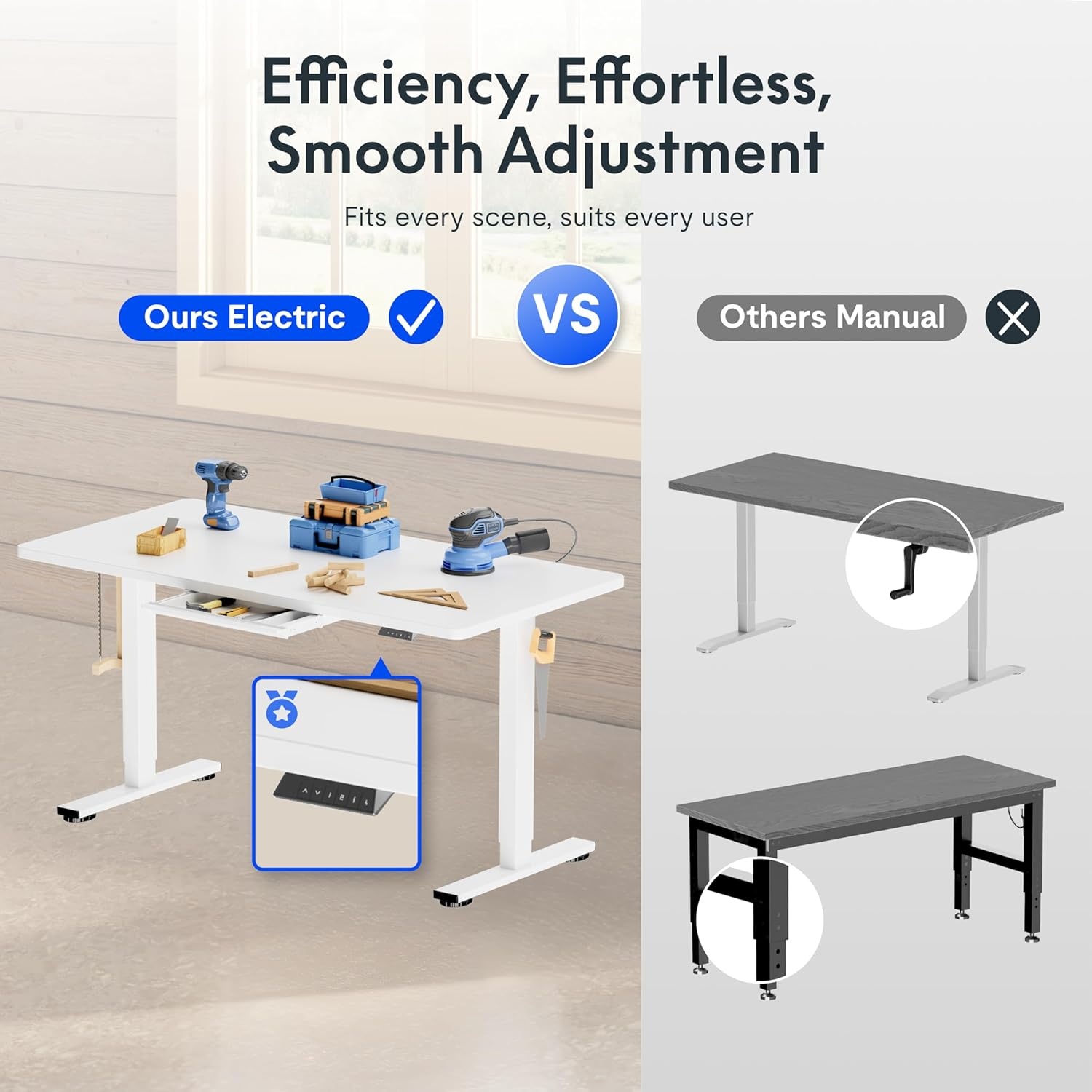 image:imageFLEXISPOT Electric Adjustable Workbench 55x28 Inches Ergonomic Worktable with Drawer for Garage Workshop Office and Home Spacious Desktop for Woodworking Sewing and Crafts White 3 Packages4830 White