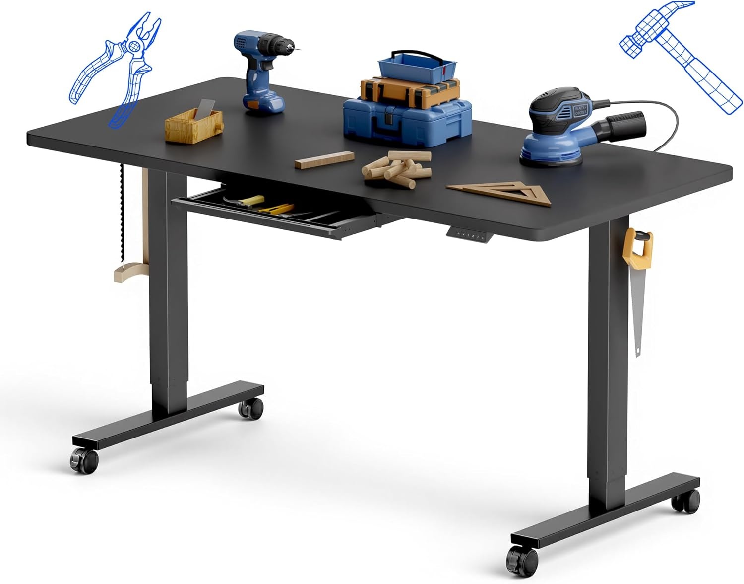 image:imageFLEXISPOT Electric Adjustable Workbench 55x28 Inches Ergonomic Worktable with Drawer for Garage Workshop Office and Home Spacious Desktop for Woodworking Sewing and Crafts White 3 Packages5528 Black