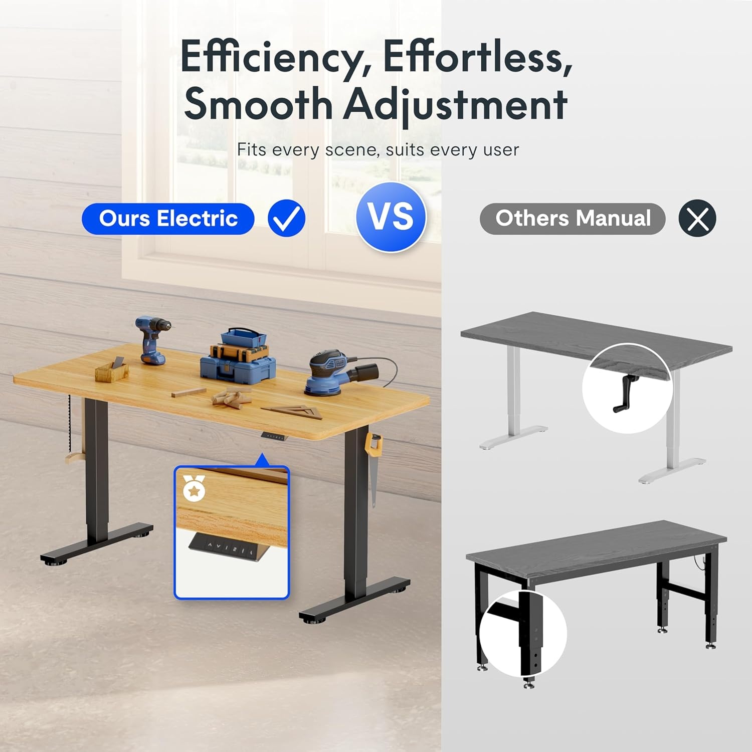 image:imageFLEXISPOT Electric Adjustable Workbench 55x28 Inches Ergonomic Worktable with Drawer for Garage Workshop Office and Home Spacious Desktop for Woodworking Sewing and Crafts White 3 Packages4830 Maple