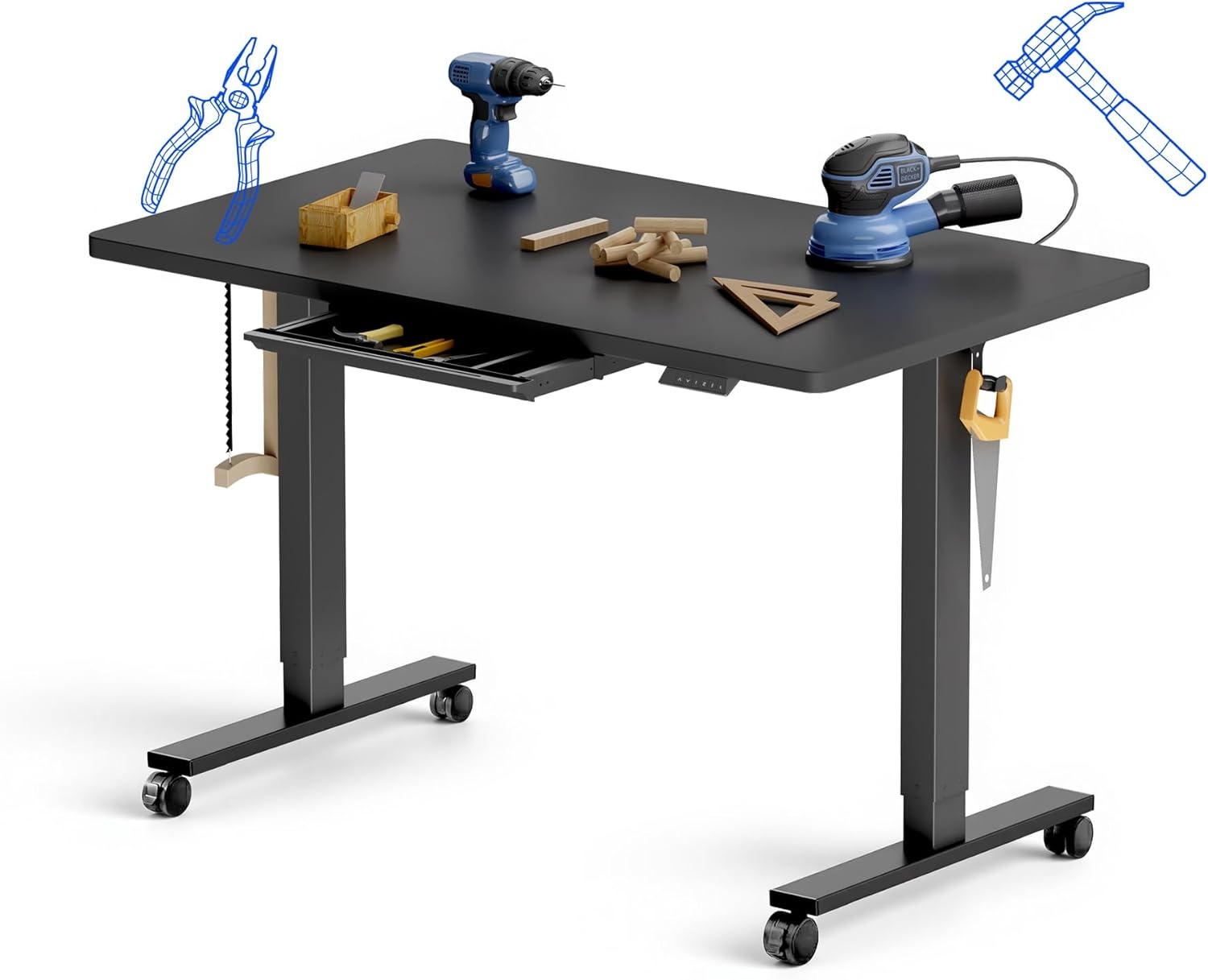 image:imageFLEXISPOT Electric Adjustable Workbench 55x28 Inches Ergonomic Worktable with Drawer for Garage Workshop Office and Home Spacious Desktop for Woodworking Sewing and Crafts White 3 Packages4830 Black